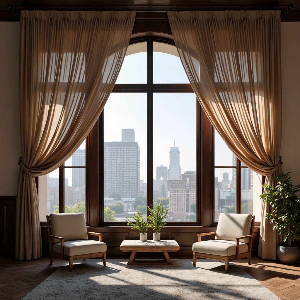 Prompt: \Grand architectural windows, floor-to-ceiling drapes, flowing silk curtains, minimalist roller shades, natural light pouring in, warm cozy ambiance, urban cityscape views, sleek modern lines, industrial metal frames, reclaimed wood accents, luxurious velvet fabrics, subtle patterned textures, soft diffused lighting, shallow depth of field, 1/1 composition, realistic reflections, ambient occlusion.\