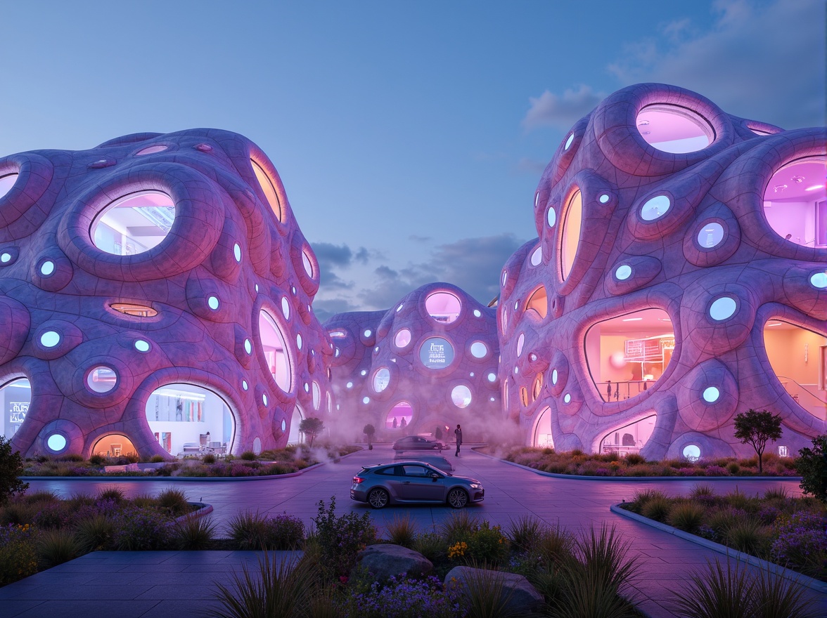 Prompt: Vibrant blob-shaped buildings, iridescent colors, glowing neon lights, futuristic architecture, curved lines, amoeba-inspired designs, soft pastel hues, metallic accents, holographic effects, shimmering surfaces, ethereal ambiance, dreamy atmosphere, surreal landscapes, misty mornings, dew-kissed grass, low-poly 3D models, atmospheric fog, subtle gradient transitions, bold typography, neon-lit cityscapes, cyberpunk influences.