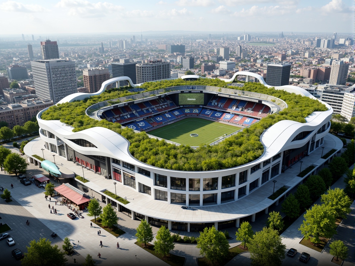 Prompt: Integrated stadium design, lush green roofs, urban landscape, sleek modern architecture, cantilevered seating areas, grand entrance gates, LED scoreboard displays, vibrant team color schemes, polished concrete floors, retractable roofs, natural ventilation systems, energy-efficient lighting, panoramic city views, shallow depth of field, 3/4 composition, realistic textures, ambient occlusion.