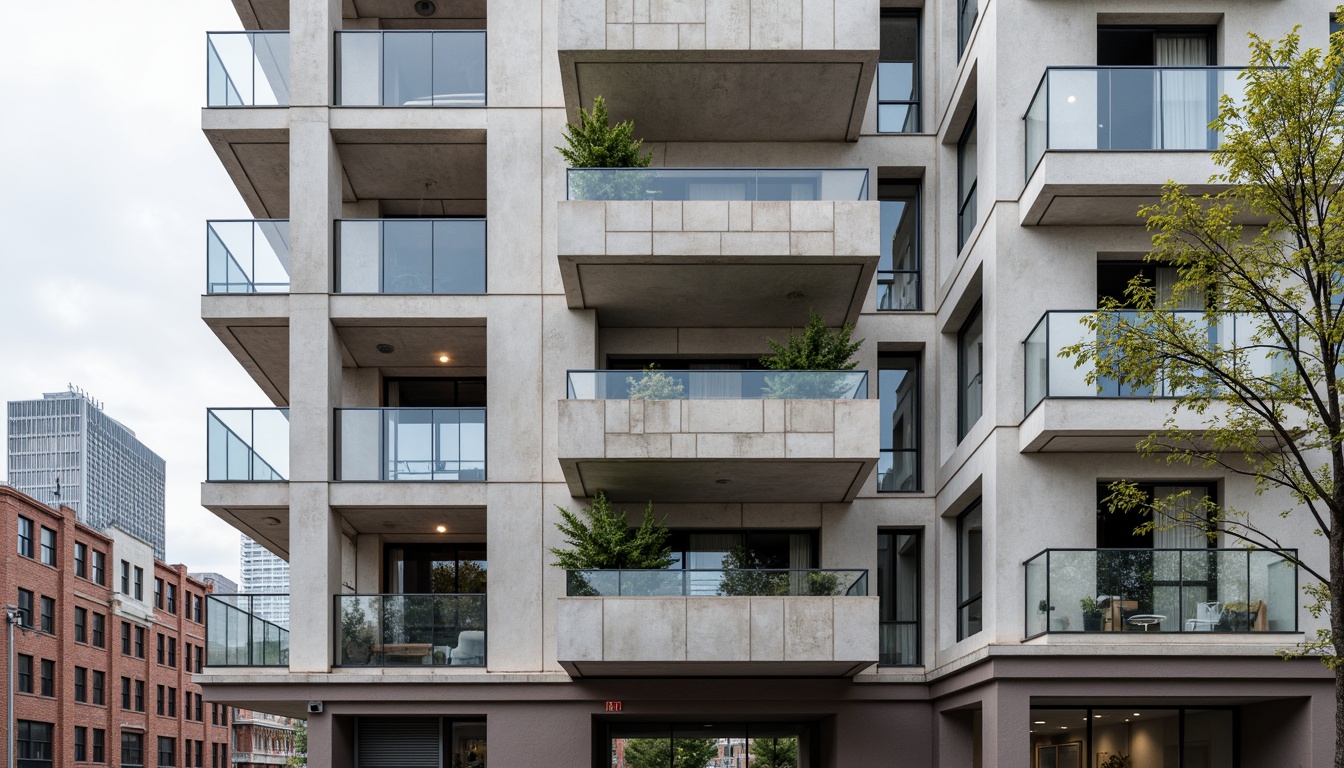 Prompt: Geometric building facade, asymmetrical composition, rectangular windows, cantilevered balconies, industrial materials, exposed concrete, steel frames, minimalist ornamentation, functional simplicity, primary color accents, bold typography, urban cityscape, cloudy day, soft diffused lighting, shallow depth of field, 1/2 composition, realistic textures, ambient occlusion.