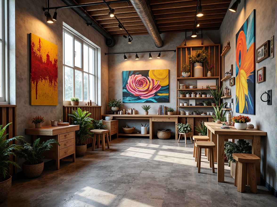 Prompt: Vibrant modern art studio, eclectic color scheme, bold brushstrokes, textured canvases, artistic equipment, natural wood accents, industrial metal fixtures, creative freedom, inspiring atmosphere, warm soft lighting, shallow depth of field, 1/1 composition, realistic textures, ambient occlusion.