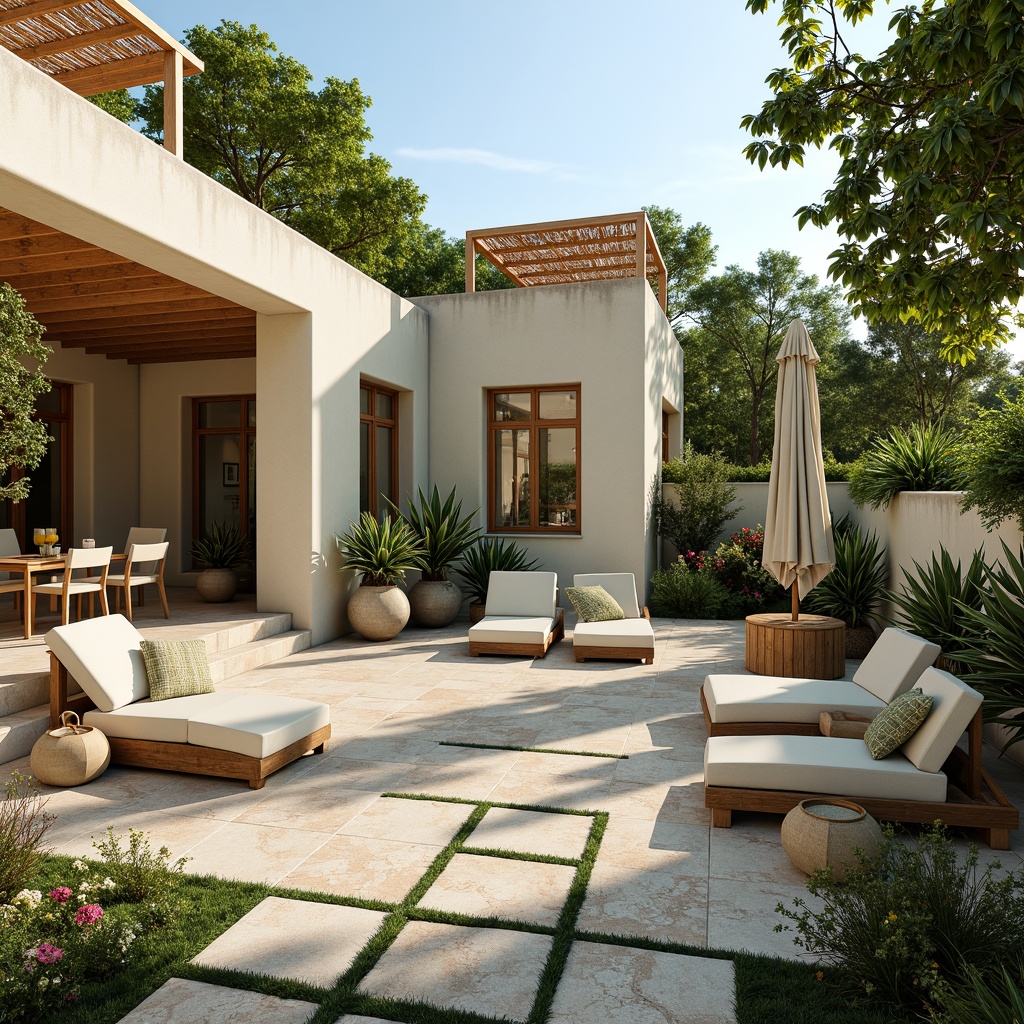 Prompt: Serene villa exterior, soft creamy walls, warm beige roofs, lush greenery surroundings, vibrant floral patterns, natural stone pathways, wooden accents, earthy brown furniture, pastel-colored shutters, tranquil water features, sunny afternoon light, gentle warm shadows, 1/2 composition, shallow depth of field, realistic textures, ambient occlusion.