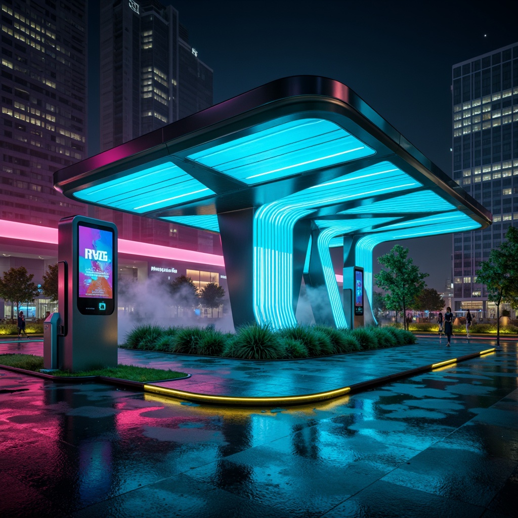 Prompt: Neon-lit futuristic charging station, sleek metallic curves, glowing electric blue accents, iridescent glass surfaces, LED light strips, angular geometric shapes, urban cityscape background, dark night atmosphere, misty fog effects, vibrant pink and green neon lights, 3D holographic displays, interactive touchscreen interfaces, high-tech gadgetry, minimalist design language, sustainable energy solutions, solar panels, wind turbines, eco-friendly materials, innovative cooling technologies, shaded outdoor spaces, misting systems, dynamic motion blur, shallow depth of field, panoramic view.