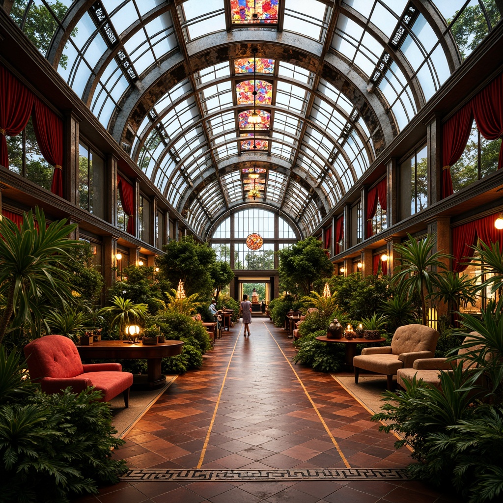 Prompt: Opulent Art Deco greenhouse, ornate metal frames, stained glass ceilings, lush tropical plants, vibrant floral patterns, polished chrome accents, luxurious velvet drapes, geometric mosaic tiles, exotic hardwoods, richly textured fabrics, dramatic spotlights, warm golden lighting, 3/4 composition, symmetrical architecture, grand entranceways, elegant curved lines, refined ornate details, glamorous metallic sheen.