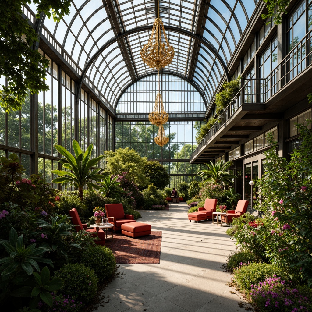 Prompt: Art Deco greenhouse, ornate metal framework, luxurious glass facades, geometric patterned windows, vibrant greenery, exotic plants, tropical flowers, intricate ironwork, elegant curves, metallic accents, opulent chandeliers, lavish furnishings, rich textiles, bold color schemes, sun-drenched interior, dramatic shadows, 1/1 composition, warm soft lighting, shallow depth of field, realistic reflections.