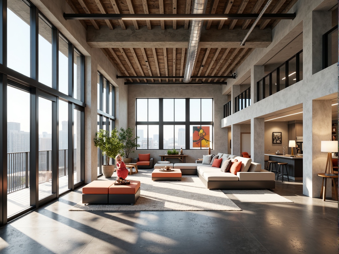 Prompt: Open floor plan, minimal ornamentation, clean lines, rectangular forms, functional simplicity, industrial materials, exposed ductwork, polished concrete floors, large windows, sliding glass doors, abundant natural light, airy atmosphere, flexible living spaces, movable partitions, multi-functional furniture, bold color accents, geometric patterns, abstract artwork, modernist decor, urban loft feel, high ceilings, overhead lighting, 1/1 composition, shallow depth of field, soft warm lighting.