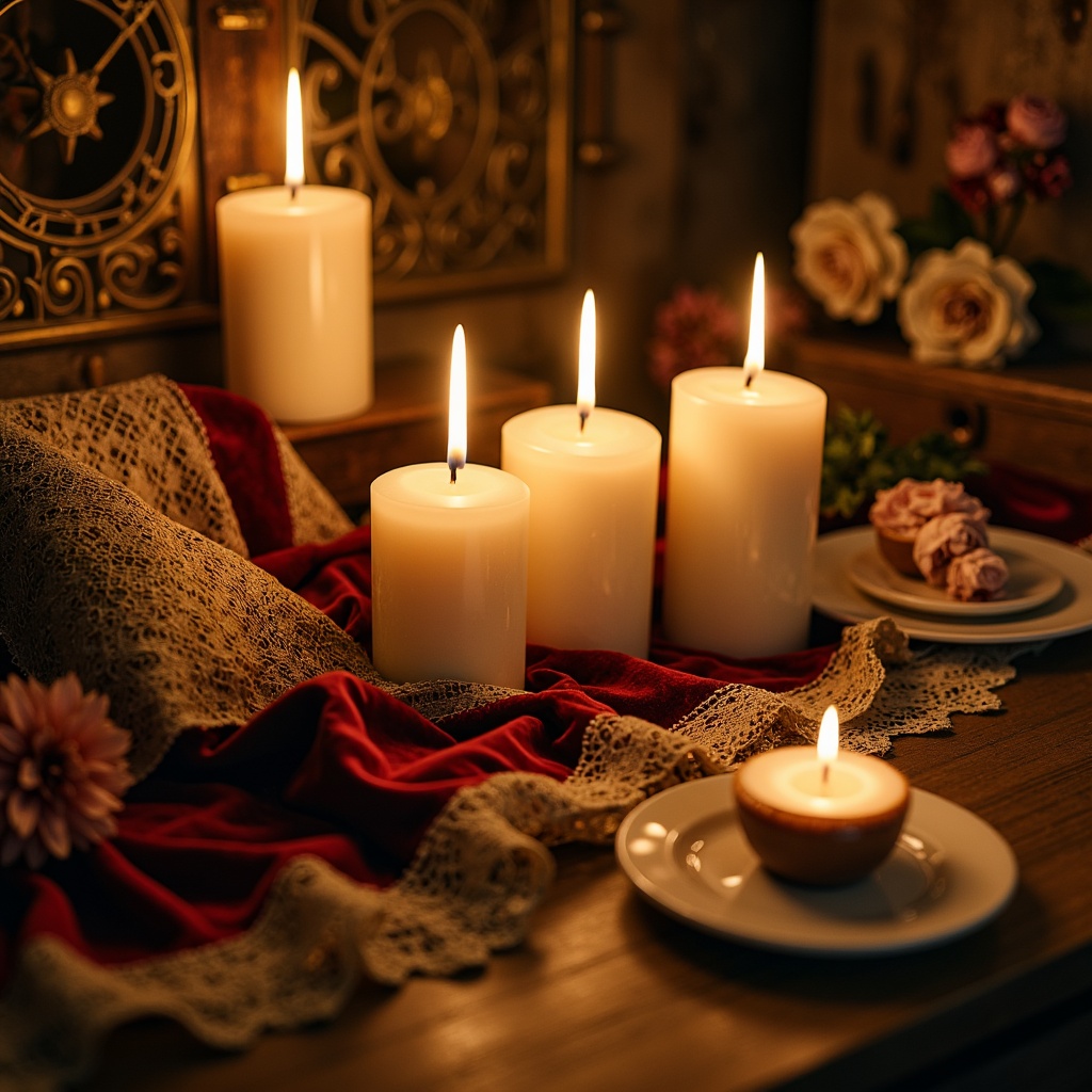 Prompt: Soft candlelit ambiance, warm golden hues, rich velvet fabrics, delicate lace textures, vintage floral patterns, distressed wood accents, ornate metalwork details, pastel color palette, whimsical watercolor effects, dreamy soft focus, shallow depth of field, 1/1 composition, intimate close-ups, nostalgic film grain, subtle chromatic aberration.