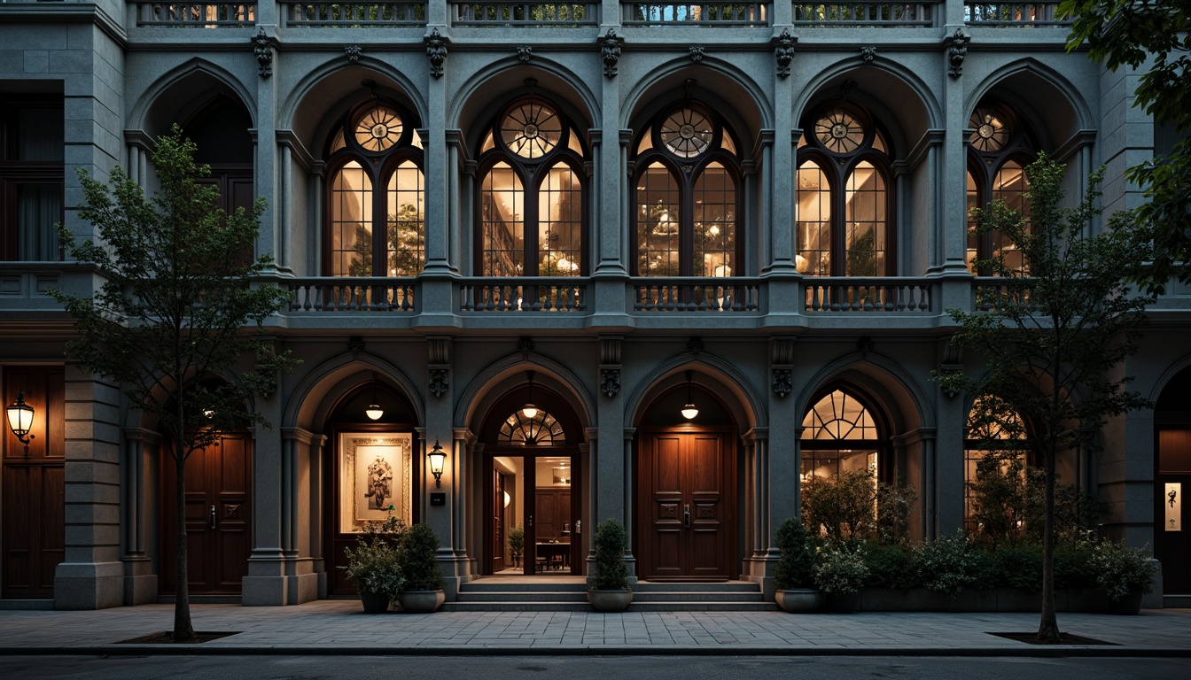 Prompt: Ornate office building, Gothic Revival facade, pointed arches, ribbed vaults, flying buttresses, intricate stone carvings, stained glass windows, grand entranceways, heavy wooden doors, iron hinges, ornamental metalwork, mysterious ambient lighting, dramatic shading, high contrast ratio, atmospheric perspective, cinematic composition, detailed textures, realistic materials, eerie atmosphere.