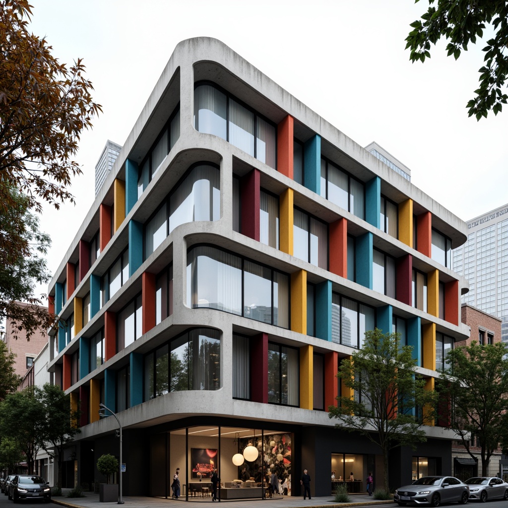 Prompt: Geometric building facade, asymmetrical composition, rectangular windows, cantilevered roofs, industrial materials, exposed steel beams, raw concrete textures, bold color blocking, abstract murals, minimalist ornamentation, functional simplicity, modernist aesthetics, urban cityscape, overcast sky, dramatic shading, high-contrast lighting, 1/2 composition, shallow depth of field, realistic reflections.