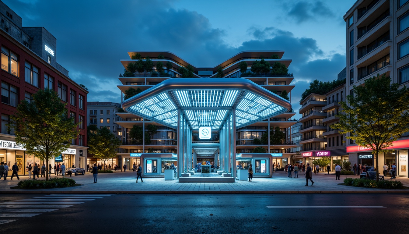 Prompt: Futuristic charging station, sleek metal canopy, dynamic LED lighting, curved glass surfaces, minimalist architecture, eco-friendly materials, green roofs, solar panels, wind turbines, modern urban landscape, busy city streets, neon lights, vibrant night scene, shallow depth of field, 1/1 composition, realistic textures, ambient occlusion.