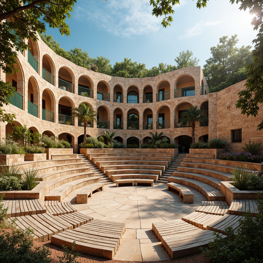 Prompt: Ancient amphitheater, warm beige stone, rustic terracotta hues, vibrant turquoise accents, lush greenery, natural earth tones, weathered wooden benches, curved rows of seating, grand arches, ornate columns, Mediterranean-inspired design, sun-kissed atmosphere, soft warm lighting, shallow depth of field, 3/4 composition, panoramic view, realistic textures, ambient occlusion.