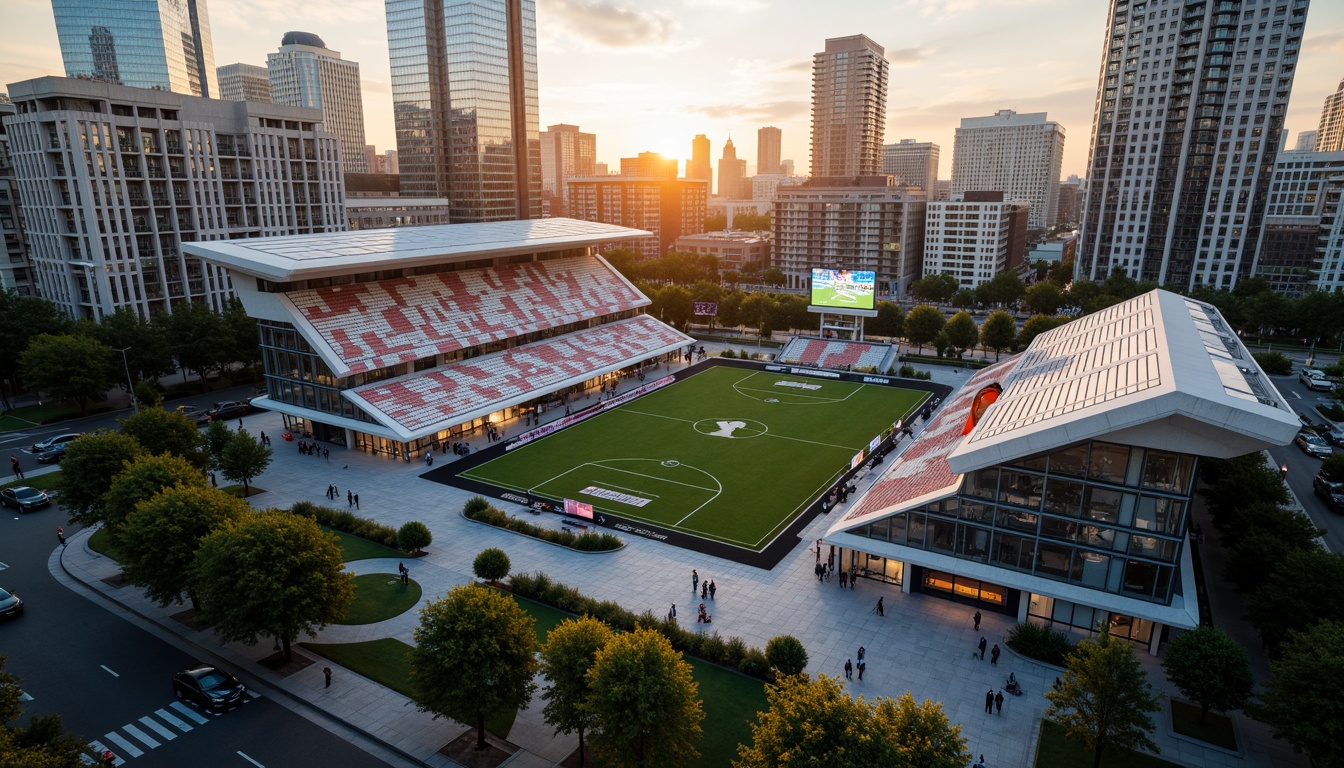 Prompt: Urban stadium, bustling cityscape, sleek modern architecture, angular lines, grand entrance gates, tiered seating areas, vibrant sports-themed murals, floodlights, lush greenery, pedestrian walkways, surrounding skyscrapers, busy streets, urban noise, evening ambiance, warm golden lighting, shallow depth of field, 1/1 composition, realistic textures, ambient occlusion.