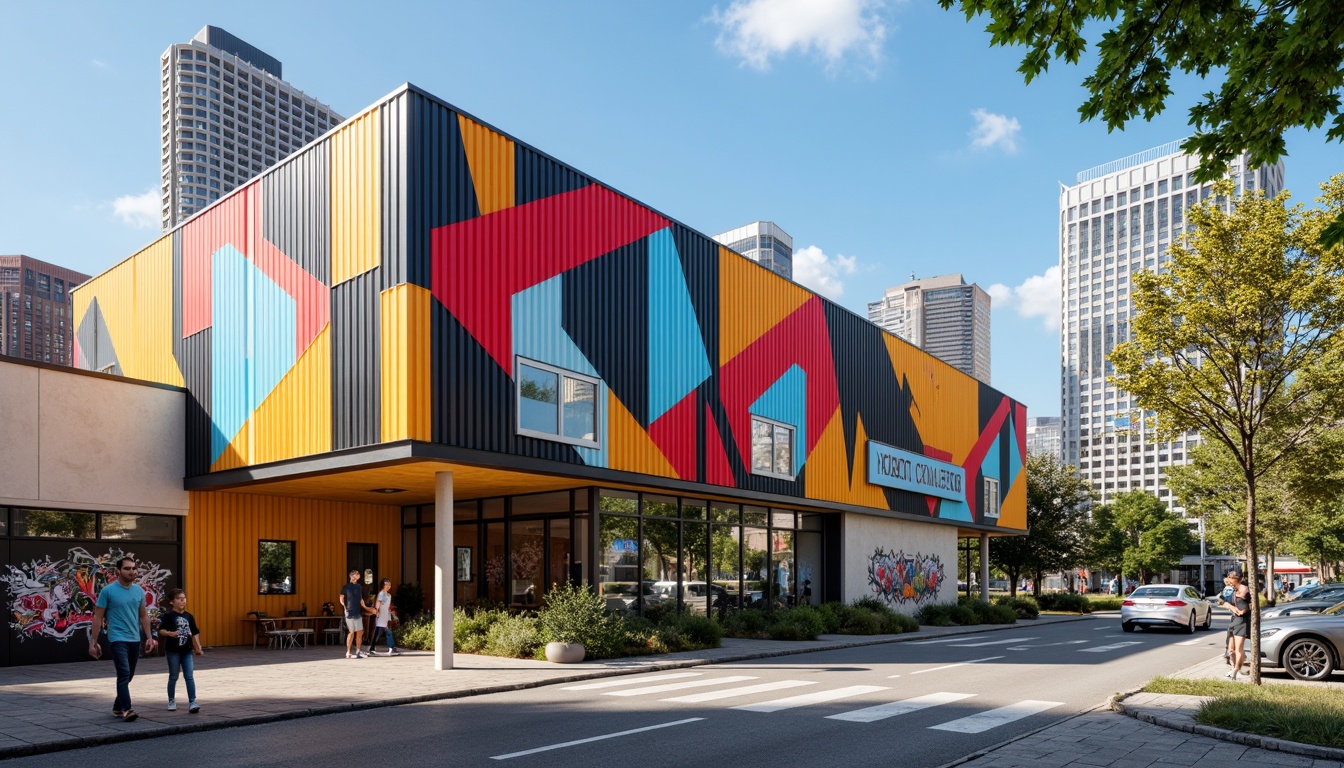 Prompt: Geometric youth center, bold color blocking, fragmented shapes, dynamic angular lines, abstract sculptural forms, industrial metal cladding, exposed concrete walls, vibrant graffiti murals, urban cityscape background, sunny day, high-contrast lighting, dramatic shadows, 1/2 composition, close-up shot, gritty textures, atmospheric noise.