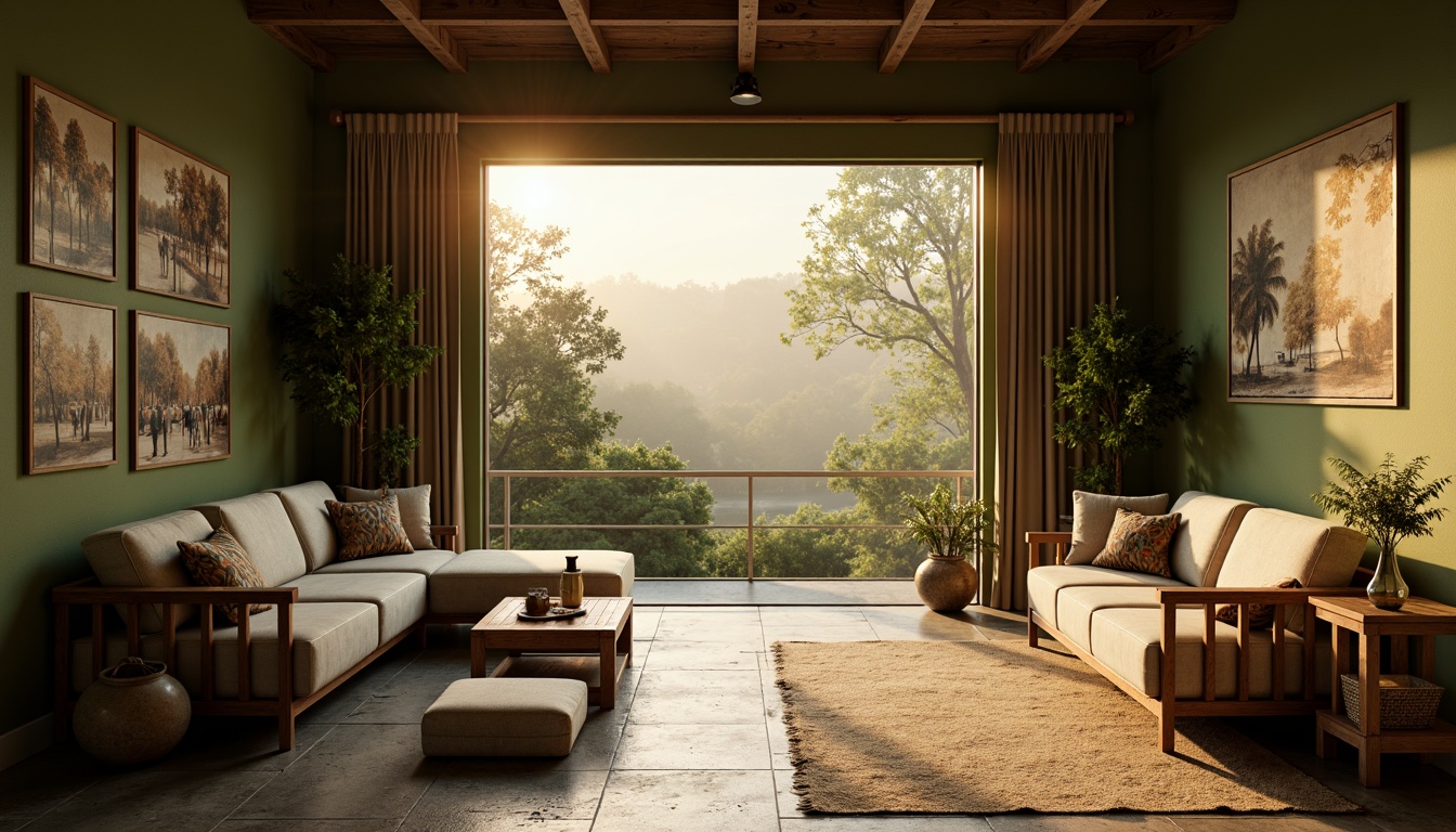 Prompt: Earthy olive green walls, rustic wooden accents, natural stone flooring, vintage distressed furniture, warm beige upholstery, soft golden lighting, cozy atmospheric ambiance, shallow depth of field, 1/1 composition, realistic textures, ambient occlusion, outdoor scenery with lush foliage, misty morning atmosphere, subtle gradient effects.