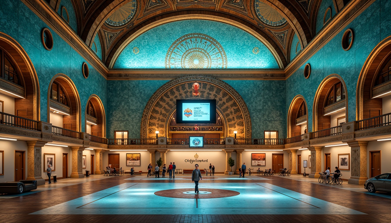 Prompt: Byzantine-inspired gymnasium facade, ornate arches, intricate mosaics, golden accents, vibrant turquoise hues, domed roofs, grand entranceways, ornamental columns, symmetrical composition, warm evening lighting, shallow depth of field, 3/4 perspective, realistic textures, ambient occlusion, modern athletic facilities, sleek glass railings, minimalist metal frames, dynamic LED light installations, futuristic scoreboard displays, atmospheric misting systems.