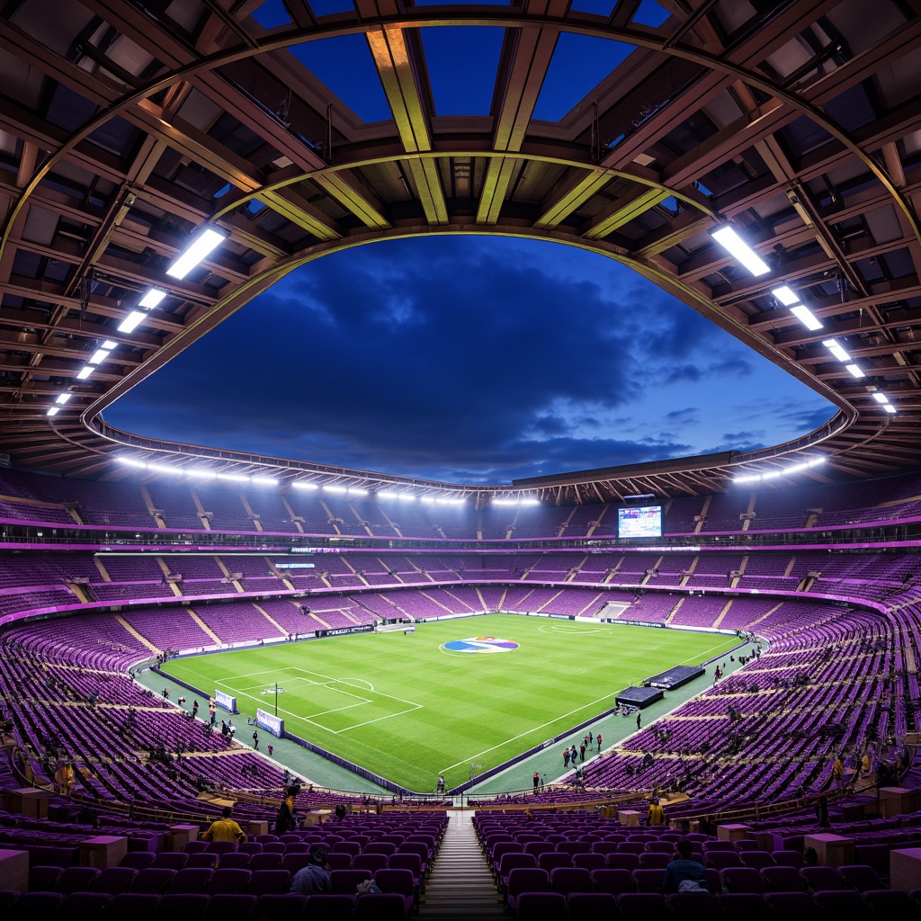 Prompt: Vibrant stadium architecture, heliotrope-inspired color scheme, deep purple seats, bright green turf, golden accents, metallic sheen, sleek modern design, angular lines, dynamic curves, LED lighting systems, electric atmosphere, night game ambiance, 3/4 composition, shallow depth of field, soft warm glow, realistic textures, ambient occlusion.