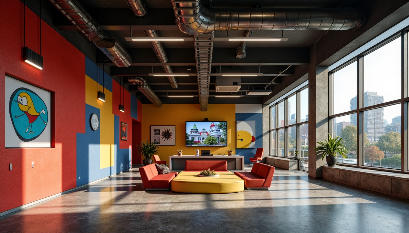 Prompt: Vibrant youth center, bold color blocks, geometric shapes, abstract murals, industrial materials, exposed ductwork, polished concrete floors, metal beams, functional minimalism, neon signage, dynamic LED lighting, urban cityscape, sunny afternoon, high contrast shadows, 1/2 composition, dramatic camera angles, cinematic mood, gritty textures, atmospheric fog.