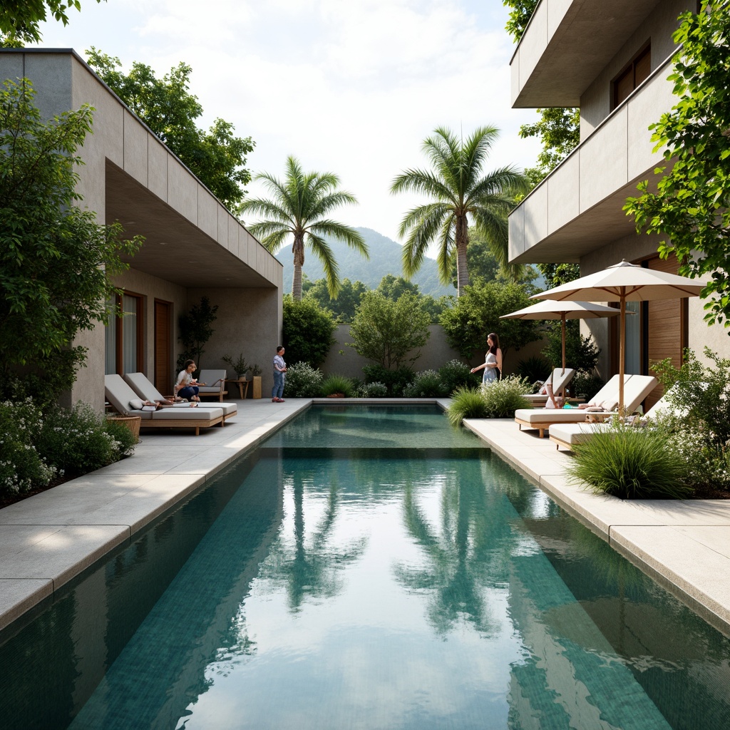 Prompt: Eco-friendly swimming pool, natural stone walls, recycled glass tiles, sustainable concrete flooring, energy-efficient pumps, solar-powered heating systems, green roofs, living walls, tropical plants, calm water reflections, soft natural lighting, shallow depth of field, 1/1 composition, realistic textures, ambient occlusion.