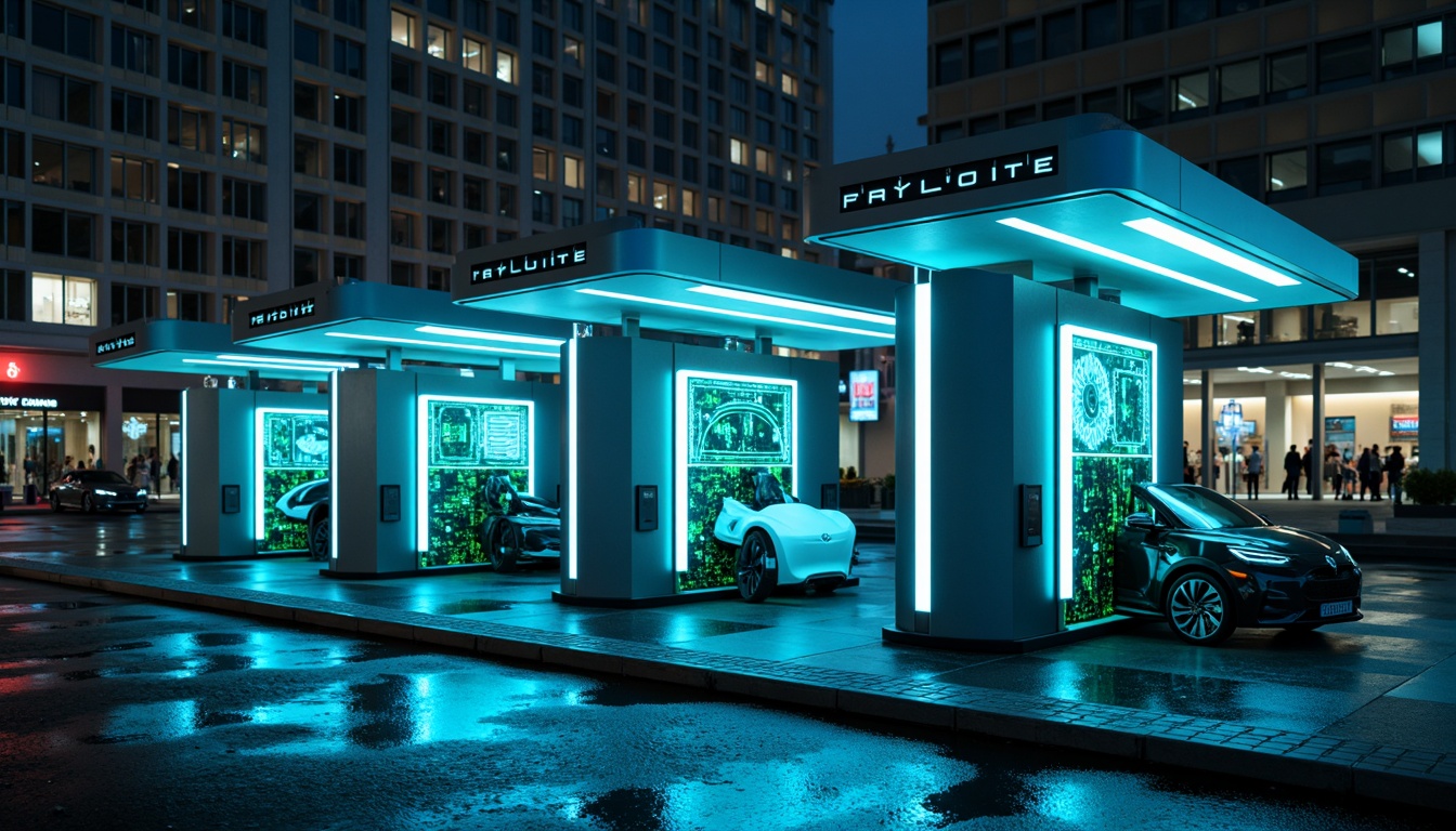 Prompt: Neon-lit futuristic charging station, metallic silver structures, LED light strips, glowing blue accents, electric vehicle silhouettes, sleek angular lines, minimalist design, high-tech interfaces, holographic displays, cyberpunk-inspired aesthetics, neon green circuit boards, gleaming chrome details, urban cityscape background, nighttime atmosphere, dramatic spotlighting, shallow depth of field, 1/1 composition, cinematic lighting, realistic reflections, ambient occlusion.