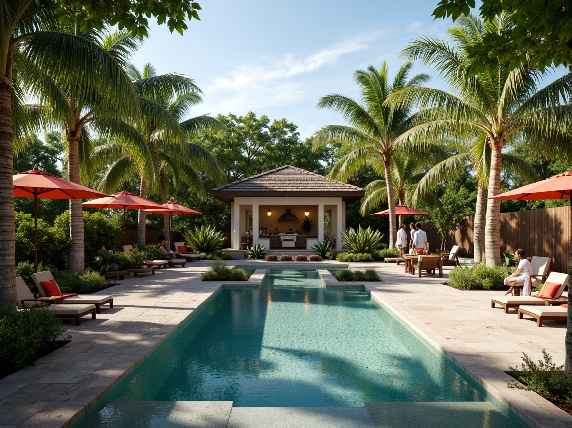 Prompt: Tropical oasis, lush greenery, palm trees, crystal-clear water, infinity pool, waterfall feature, natural stone decking, wooden pool fencing, lounge chairs, colorful umbrellas, outdoor kitchenette, BBQ grill, dining area, soft warm lighting, shallow depth of field, 3/4 composition, panoramic view, realistic textures, ambient occlusion.