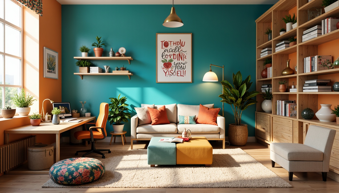 Prompt: Vibrant dorm room, eclectic fusion style, bold color scheme, turquoise accent walls, warm beige furniture, rich wood tones, metallic gold decor, plush area rugs, natural textiles, soft warm lighting, cozy reading nooks, modern minimalist desks, ergonomic chairs, inspirational quotes, whimsical artwork, abstract patterns, bohemian chic accents, global cultural influences.