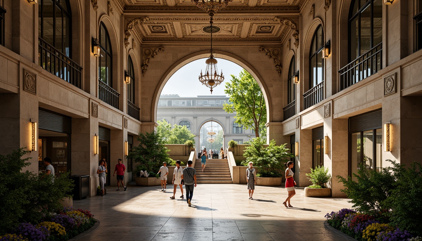 Prompt: Grand metro station, Romanesque arches, ornate stone carvings, lush greenery, vibrant flowers, natural stone flooring, decorative iron railings, grand staircase, high ceilings, elegant chandeliers, soft warm lighting, shallow depth of field, 3/4 composition, panoramic view, realistic textures, ambient occlusion, busy urban atmosphere, morning commute, rush hour scene, metropolitan vibes, modern transportation hub.