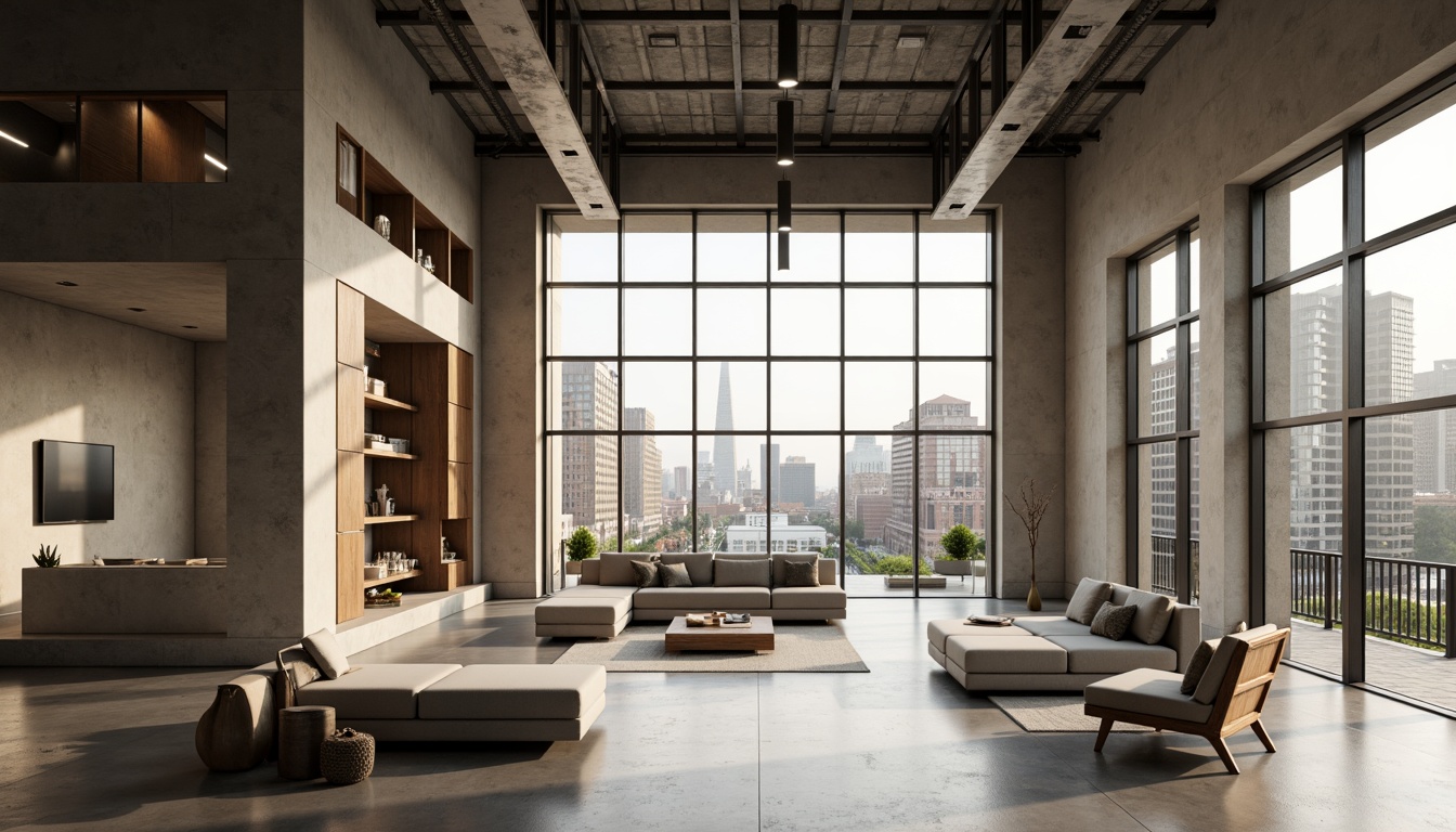 Prompt: Monochromatic color scheme, neutral tones, beige walls, dark wood accents, minimal ornamentation, sleek lines, rectangular forms, open floor plans, large windows, abundant natural light, urban cityscape views, modernist architecture, steel beams, polished concrete floors, industrial chic aesthetic, subtle texture variations, desaturated colors, soft contrast ratios, high-key lighting, atmospheric perspective, shallow depth of field.