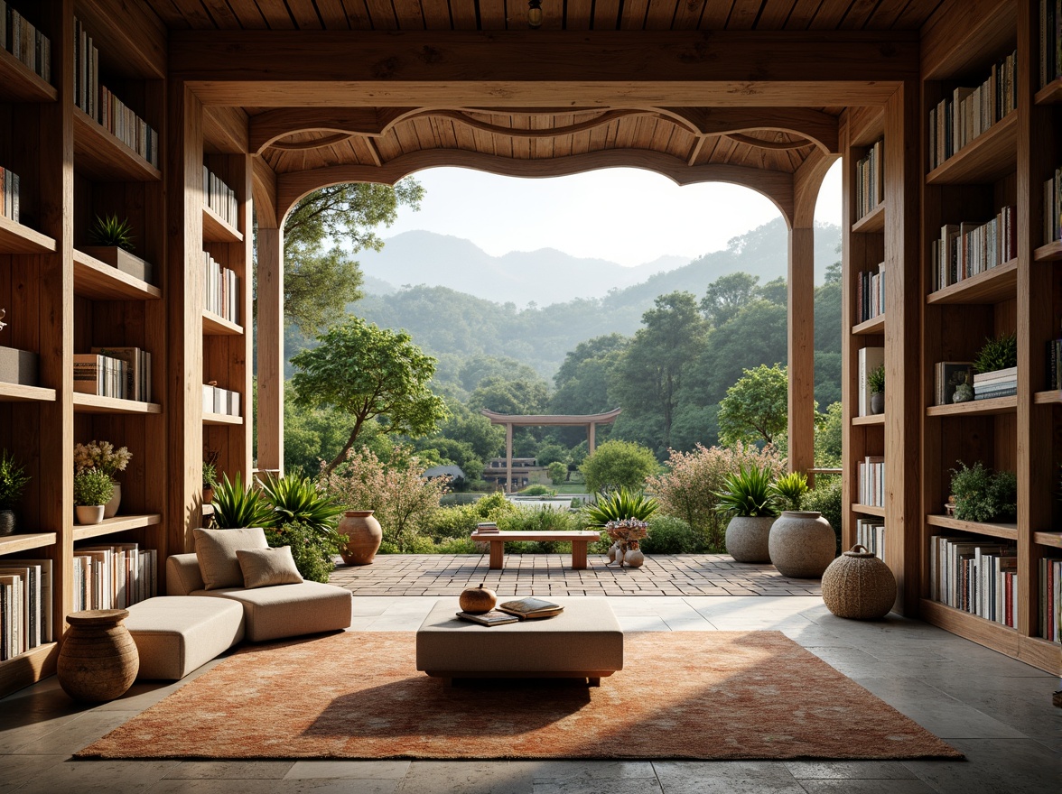 Prompt: Rustic wooden shelves, natural stone walls, earthy tone carpets, cozy reading nooks, floor-to-ceiling windows, lush greenery views, traditional Chinese architecture, curved rooflines, tranquil atmosphere, warm soft lighting, shallow depth of field, 1/1 composition, panoramic view, realistic textures, ambient occlusion, rural landscape, rolling hills, blooming flowers, winding stone paths, wooden bridges, serene water features, misty morning light.