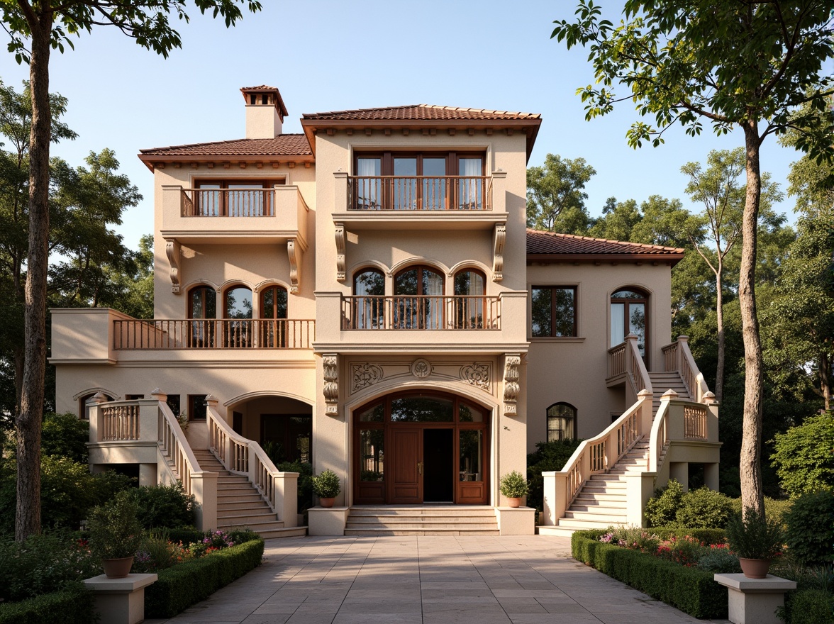 Prompt: Ornate classical mansion, terracotta roof tiles, grandiose facade, ornamental chimneys, intricately carved stonework, majestic entranceways, sweeping staircases, lavish balconies, decorative balustrades, rustic wooden doors, arched windows, soft warm lighting, shallow depth of field, 1/1 composition, realistic textures, ambient occlusion.