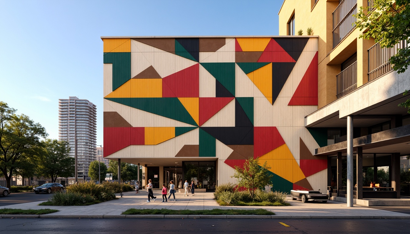 Prompt: Vibrant youth center facade, dynamic constructivist architecture, geometric shapes, bold color blocking, abstract patterns, industrial materials, exposed ductwork, metal beams, concrete walls, urban landscape, cityscape views, afternoon sunlight, high-contrast lighting, deep shadows, 1/2 composition, dramatic angles, minimalist details, functional aesthetics, modernist influence, brutalist textures, distressed finishes.