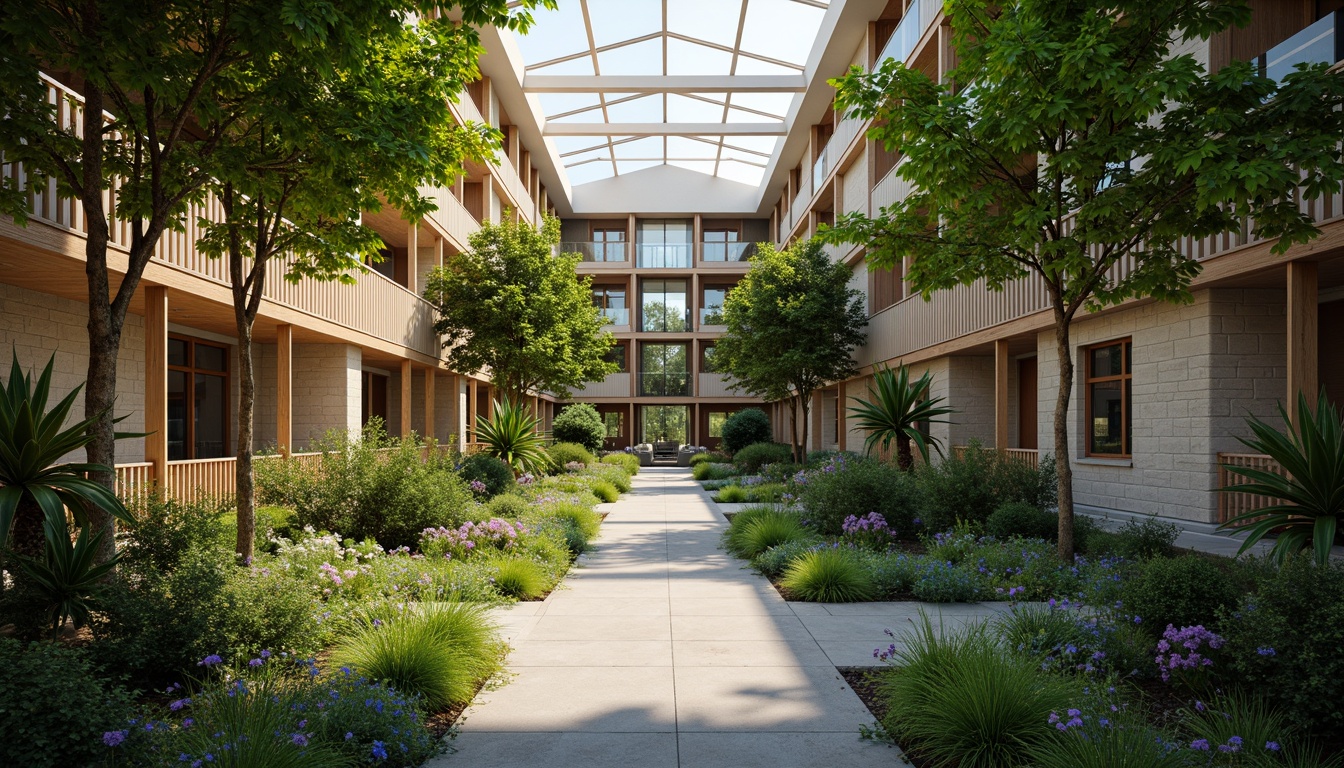 Prompt: Serene atrium, lush greenery, natural stone walls, wooden accents, floor-to-ceiling windows, clerestory windows, skylights, open-air corridors, shaded outdoor spaces, soft warm lighting, gentle shadows, diffused indirect light, reflected light, ambient occlusion, 1/1 composition, realistic textures, panoramic view, modern minimalist architecture, eco-friendly materials, sustainable energy solutions.