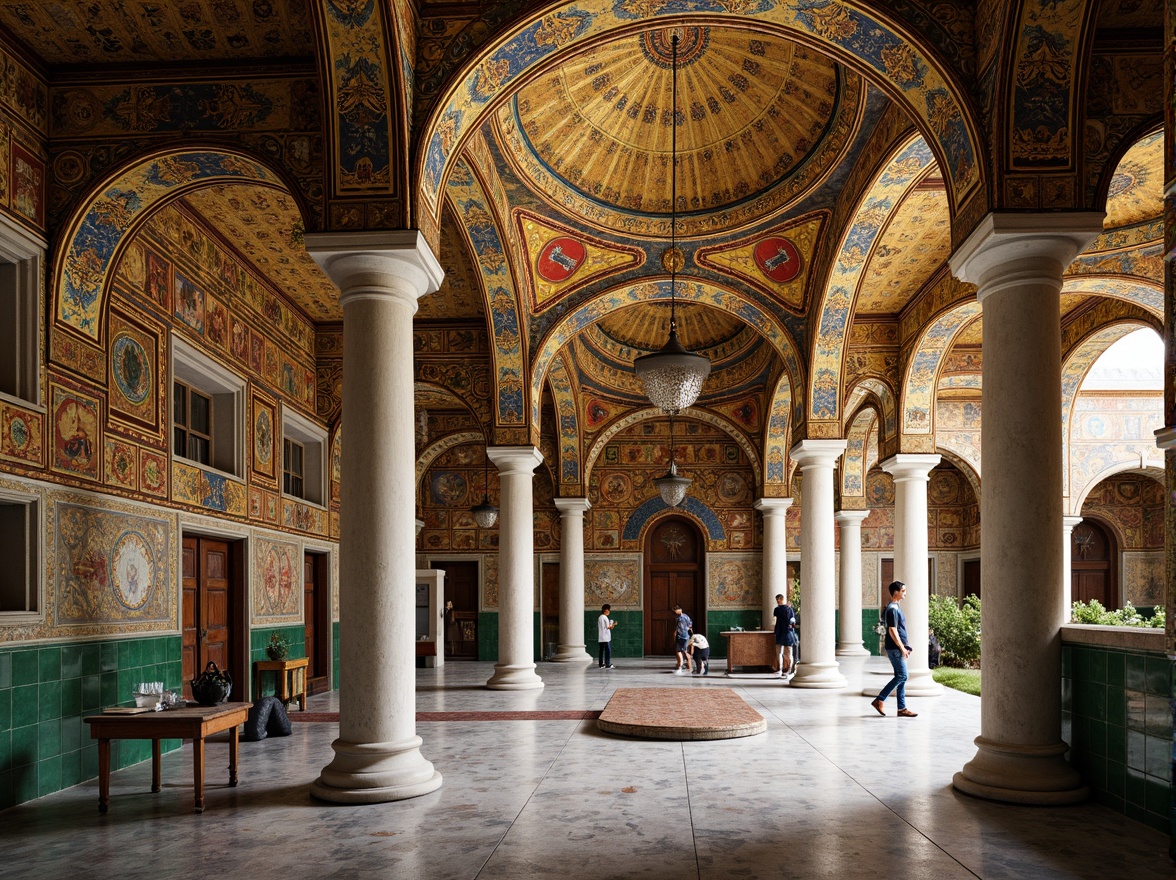 Prompt: Vibrant Byzantine high school, intricate mosaics, golden tesserae, ornate patterns, rich colors, ornamental columns, arches, domes, marble floors, elegant corridors, grand entrance, imposing facade, subtle warm lighting, shallow depth of field, 1/1 composition, realistic textures, ambient occlusion.