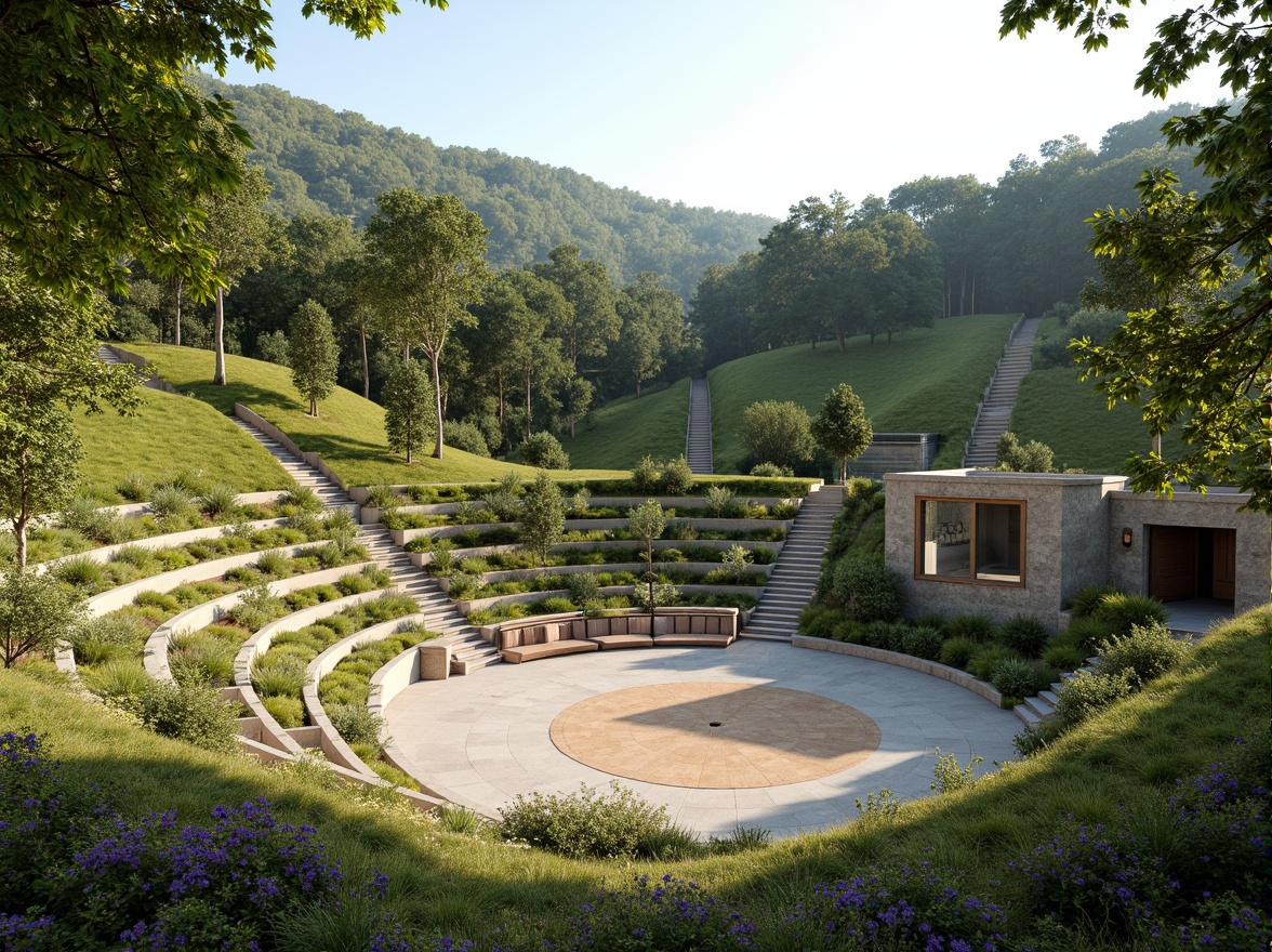 Prompt: Natural amphitheater setting, lush green hillsides, tiered seating areas, curved walkways, stone retaining walls, native plant species, vibrant wildflowers, sunny day, soft warm lighting, shallow depth of field, 3/4 composition, panoramic view, realistic textures, ambient occlusion, harmonious landscape integration, blended architecture, organic forms, earthy tones, natural materials, rustic wood accents, meandering pathways, scenic overlooks.