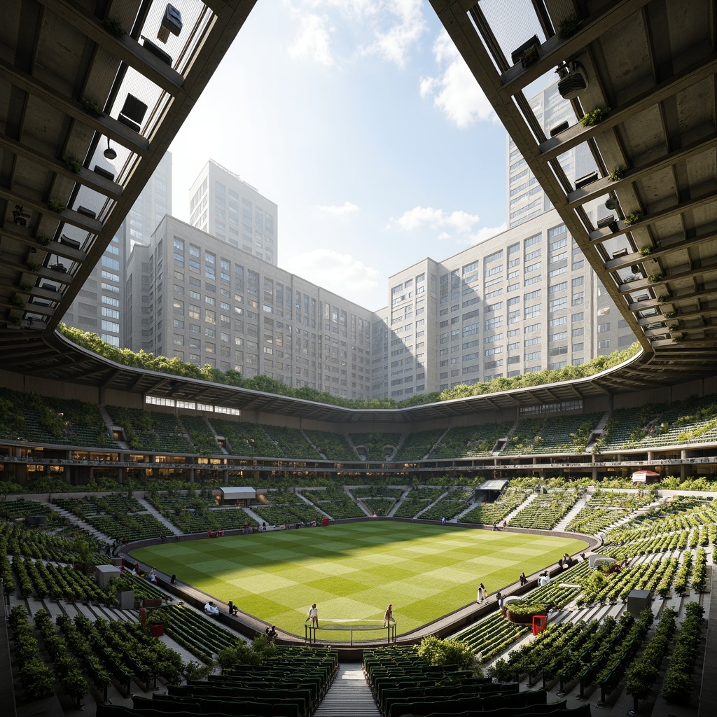 Prompt: Large sports stadium, open-air seating, natural ventilation systems, wind towers, clerestory windows, solar chimneys, green roofs, living walls, breathable facades, louvers, vents, atriums, high ceilings, exposed ductwork, minimalist design, industrial materials, concrete structures, steel beams, natural light, soft shadows, warm colors, dynamic atmosphere, shallow depth of field, 2/3 composition, realistic textures, ambient occlusion.