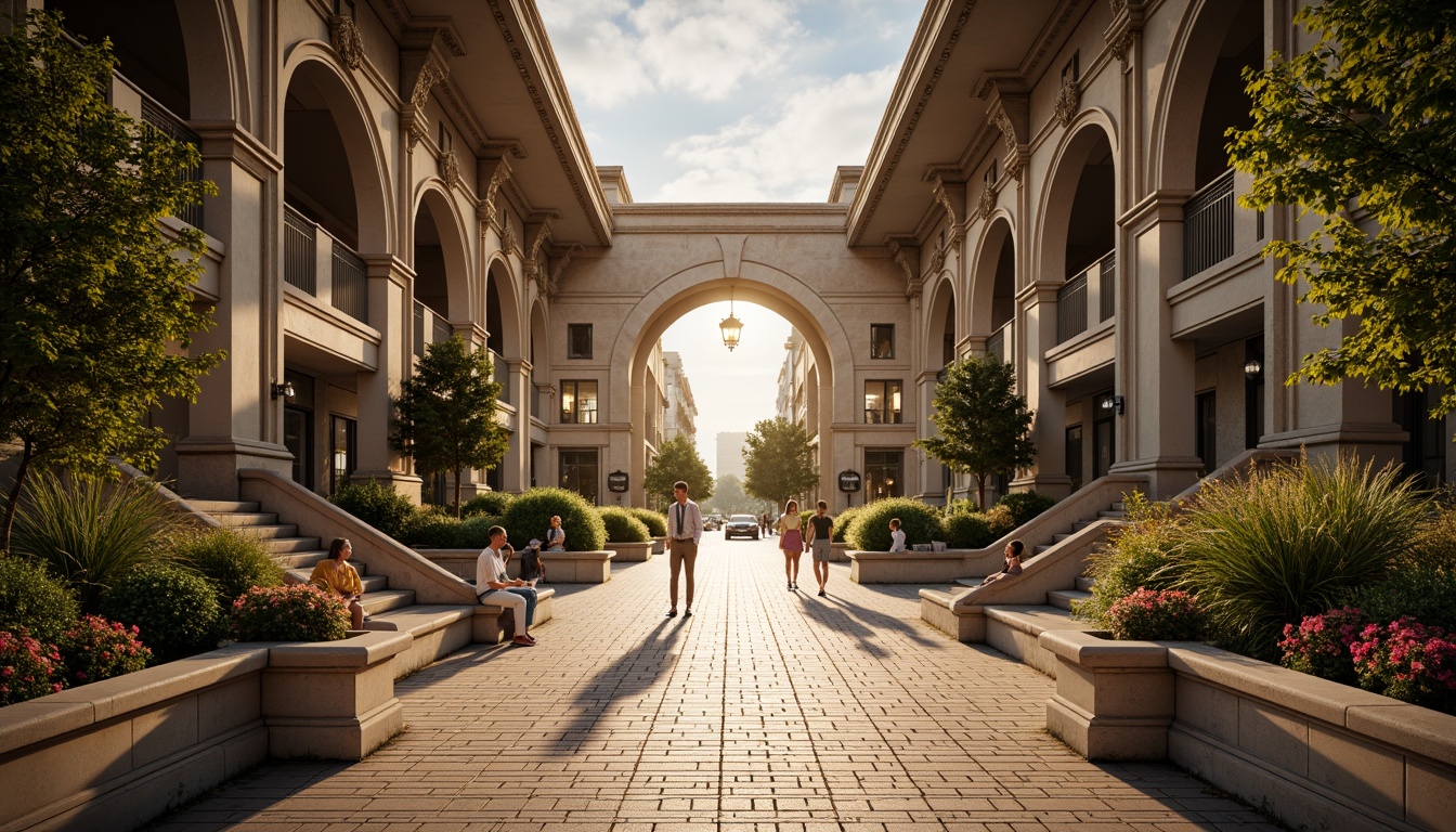 Prompt: Grand metro station, Romanesque arches, ornate columns, intricate stone carvings, lush greenery, vibrant flowers, tiered water features, natural stone walkways, brick paved roads, historic lanterns, warm golden lighting, shallow depth of field, 3/4 composition, panoramic view, realistic textures, ambient occlusion, urban cityscape, bustling streets, morning commute, subtle misting effect.