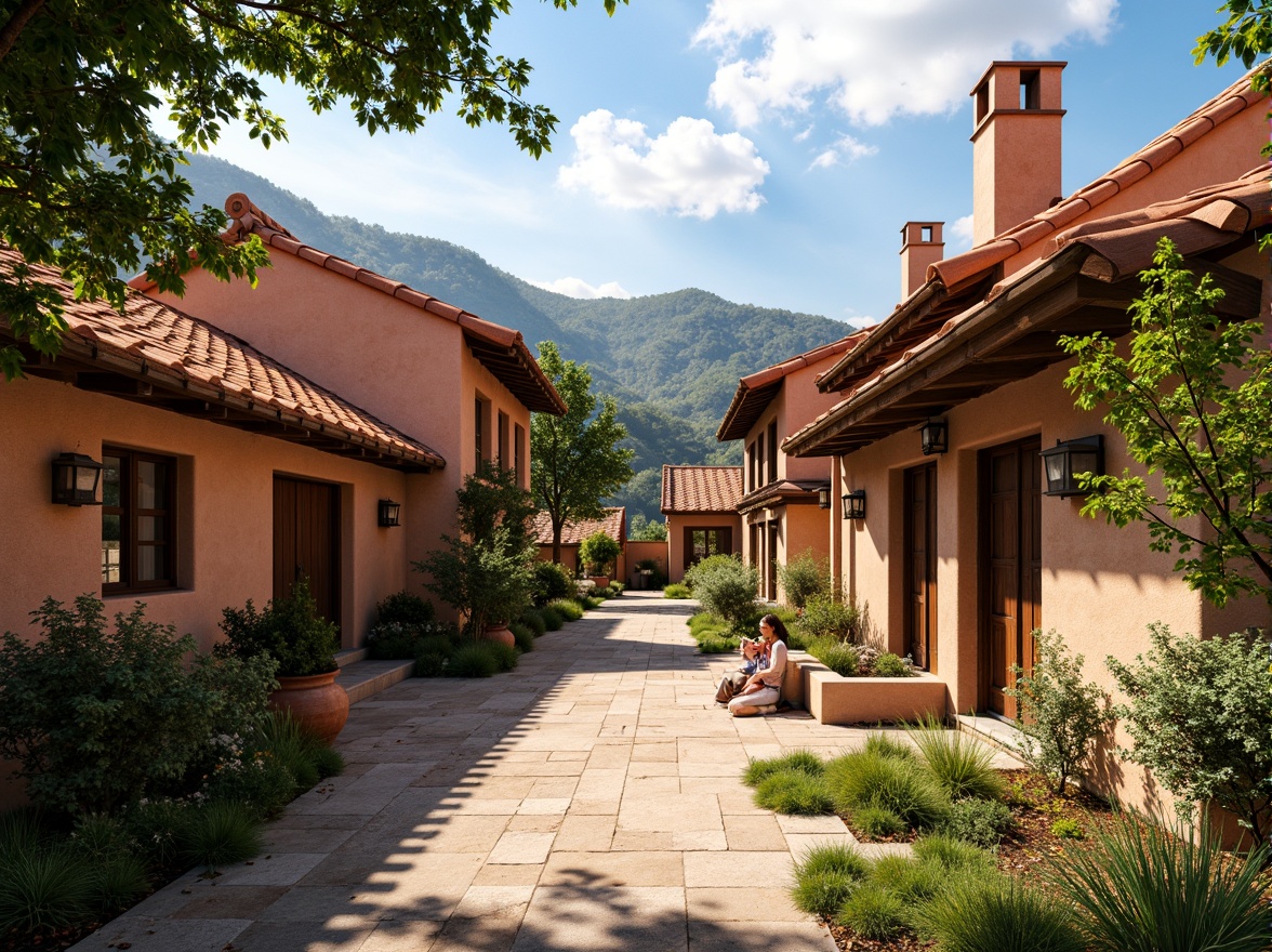 Prompt: Rustic village setting, traditional vernacular architecture, pitched roofs, curved tiles, terra cotta color palette, earthy tones, natural stone walls, wooden beams, ornate chimneys, clay pot decorations, lush greenery, flowering vines, sunny day, warm golden lighting, shallow depth of field, 3/4 composition, realistic textures, ambient occlusion.