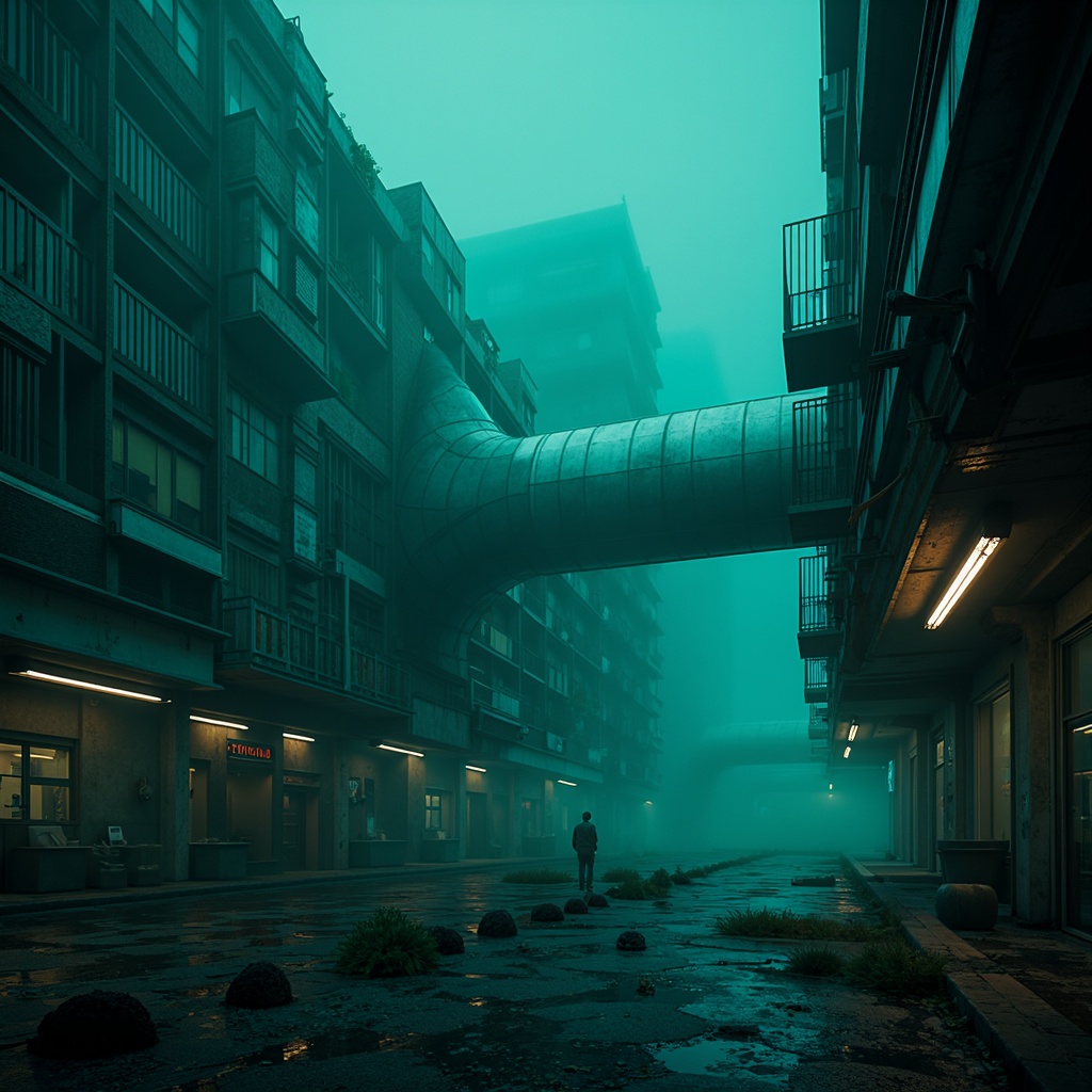 Prompt: Moody dark cyan ambiance, mysterious underwater atmosphere, eerie glowing accents, futuristic neon lights, metallic reflections, sleek modern architecture, low-poly 3D models, vibrant blue-green hues, subtle gradient transitions, cinematic fog effects, ominous misty surroundings, abandoned industrial landscapes, distressed concrete textures, rusty mechanical details, high-tech gadgetry, cyberpunk-inspired aesthetics, atmospheric volumetric lighting, shallow depth of field, dramatic camera angles.