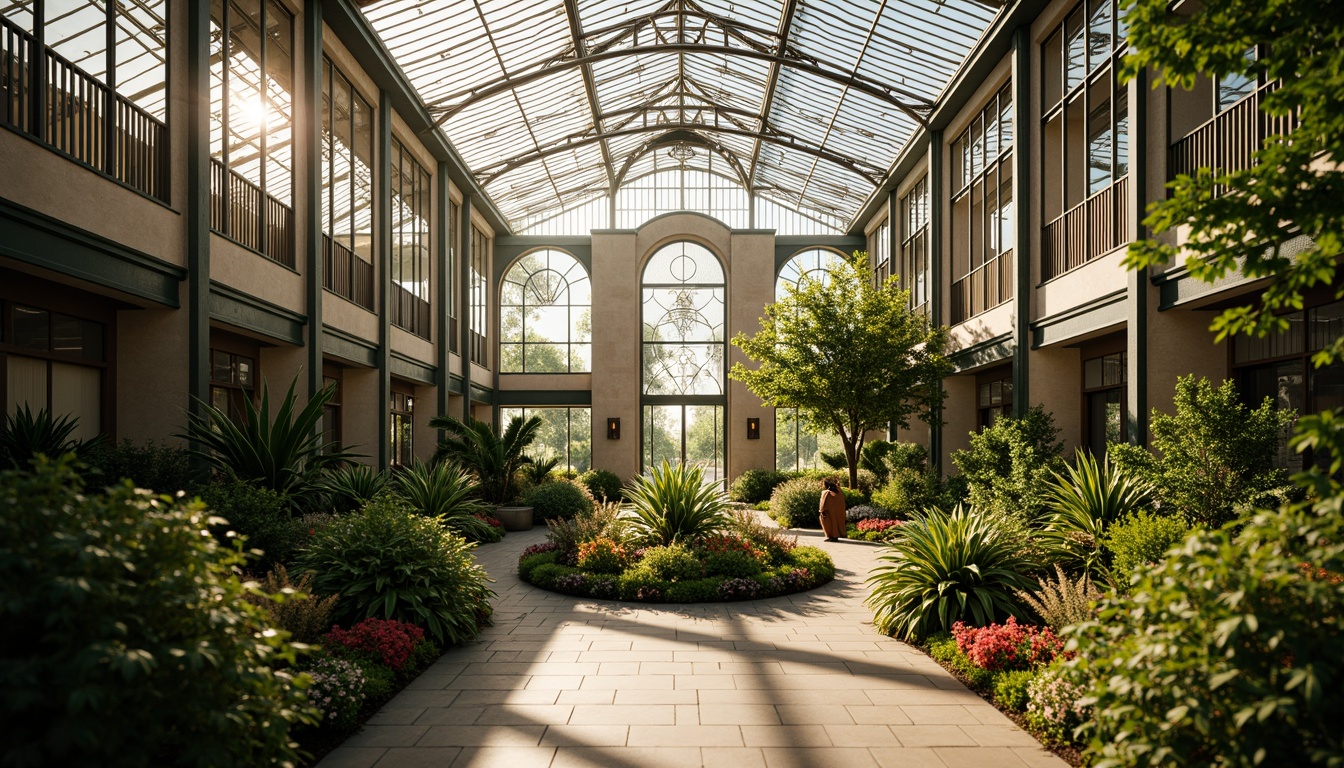 Prompt: Art Deco greenhouse, ornate metal framework, geometric patterns, lush greenery, vibrant flowers, exotic plants, tropical atmosphere, warm sunny day, soft natural lighting, shallow depth of field, 3/4 composition, symmetrical fa\u00e7ade design, ornamental doorways, stylized windows, decorative balconies, intricate ironwork, luxurious textiles, rich wood accents, metallic sheen, ambient occlusion.