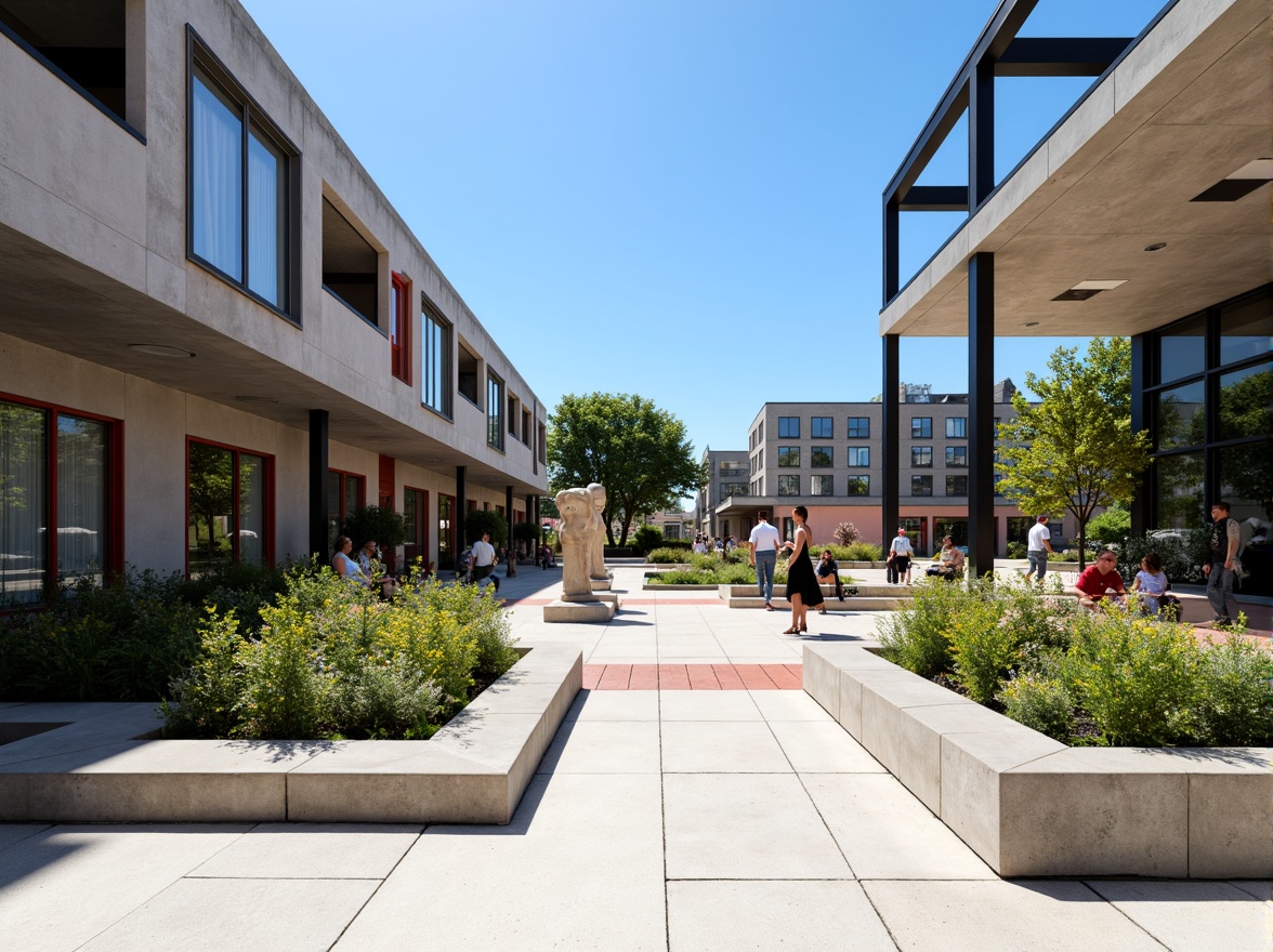 Prompt: Functional open plaza, minimalist landscaping, clean lines, rectangular shapes, primary color accents, industrial materials, exposed concrete, steel beams, large windows, sliding glass doors, abundant natural light, rational floor planning, functional zoning, communal seating areas, geometric planters, abstract sculptures, modernist furniture, urban surroundings, clear blue sky, high contrast shadows, deep depth of field, 1/1 composition, symmetrical framing, realistic textures, subtle ambient occlusion.