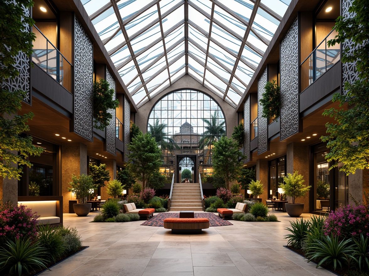 Prompt: Geometric metal frames, ornate glass panels, lush tropical plants, exotic flowers, symmetrical architecture, stepped silhouettes, zigzag motifs, metallic accents, chrome fixtures, curved lines, angular shapes, vibrant colors, luxurious textiles, opulent furnishings, natural stone floors, marble countertops, grand entrances, sweeping staircases, dramatic skylights, soft diffused lighting, warm ambiance, 1/1 composition, realistic reflections, detailed textures.