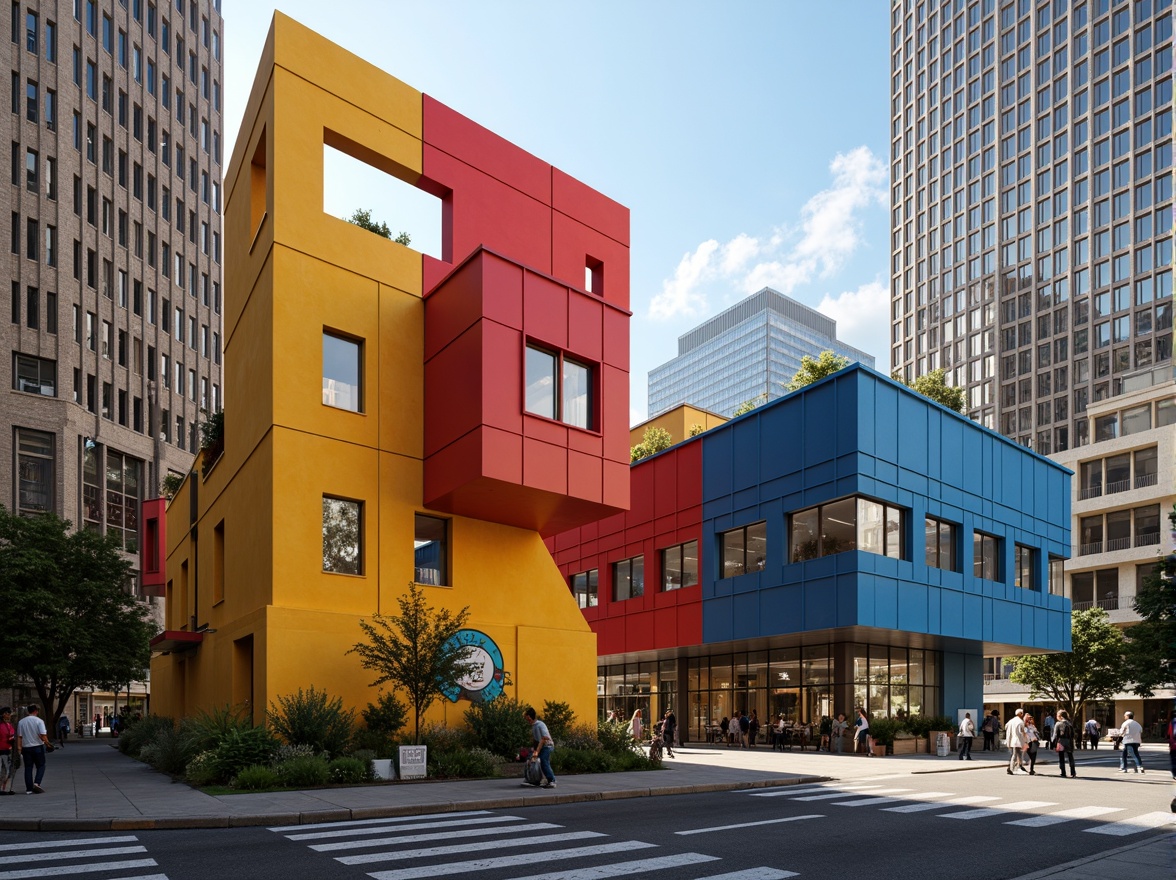 Prompt: Vibrant youth center, dynamic geometric shapes, bold color blocking, contrasting textures, industrial metal accents, exposed ductwork, minimalist windows, angular rooflines, abstract sculptural elements, urban cityscape, afternoon sunlight, high-contrast lighting, dramatic shadows, 2/3 composition, wide-angle lens, stylized architectural details, futuristic atmosphere.