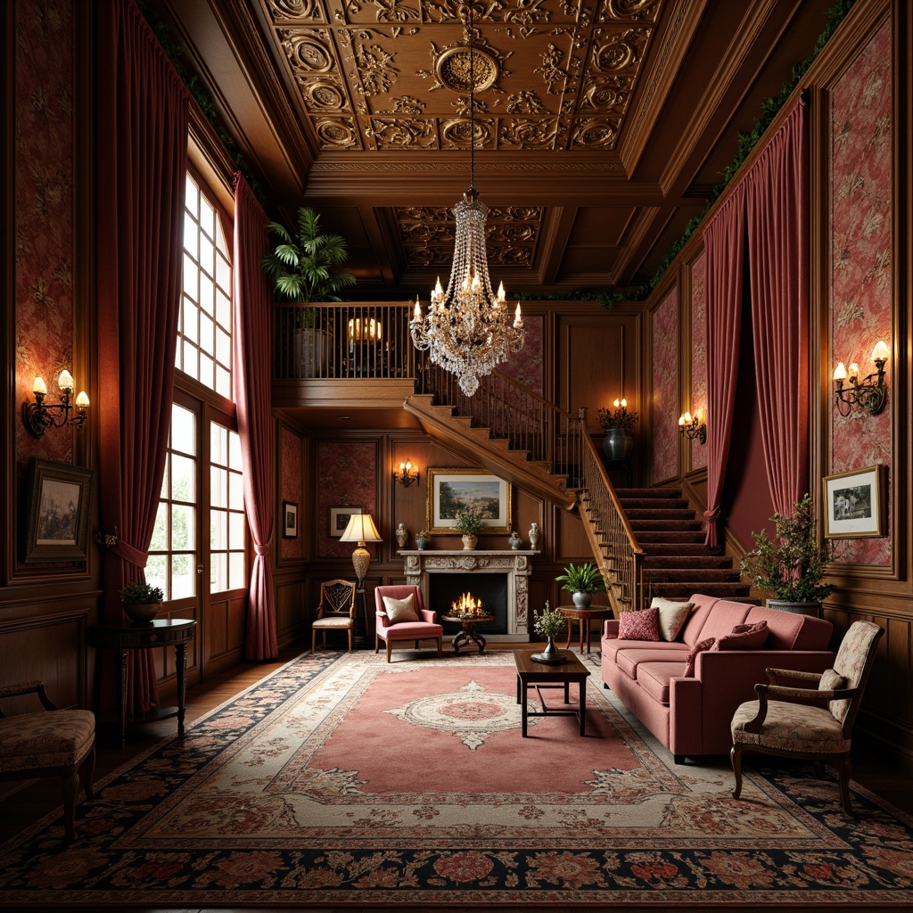 Prompt: Elegant Victorian-style mansion, ornate furnishings, lavish velvet drapes, crystal chandeliers, carved wooden panels, soft golden lighting, rich tapestries, antique vases, intricately patterned rugs, grand pianos, French doors, sweeping staircases, luxurious fabrics, heavy drapery, warm earthy tones, intimate seating areas, ornamental fireplaces, delicate lace details, vintage accessories, mysterious alcoves, dramatic archways.