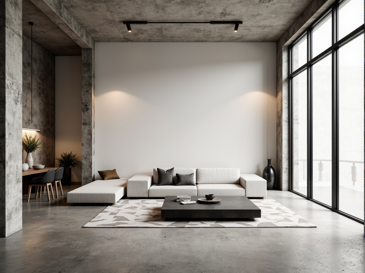 Prompt: Minimalist living room, sparse furniture, monochromatic color scheme, sleek low-profile sofa, minimalist coffee table, floor-to-ceiling windows, abundant natural light, polished concrete floors, industrial chic decor, geometric patterned rug, subtle texture contrasts, calming ambiance, soft warm lighting, shallow depth of field, 1/1 composition, realistic render, ambient occlusion.