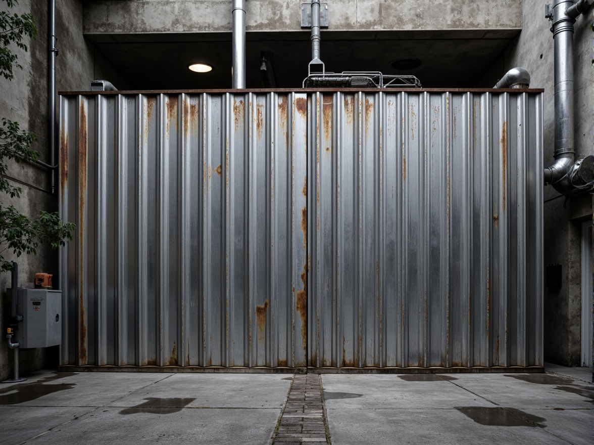 Prompt: Industrial backdrop, rugged galvanized steel fa\u00e7ade, metallic sheen, oxidized finishes, brutalist architecture, urban landscape, cityscape, concrete foundations, exposed ductwork, industrial pipes, functional minimalism, monochromatic color scheme, high-contrast lighting, dramatic shadows, 1-point perspective, low-angle shot, realistic reflections, ambient occlusion.