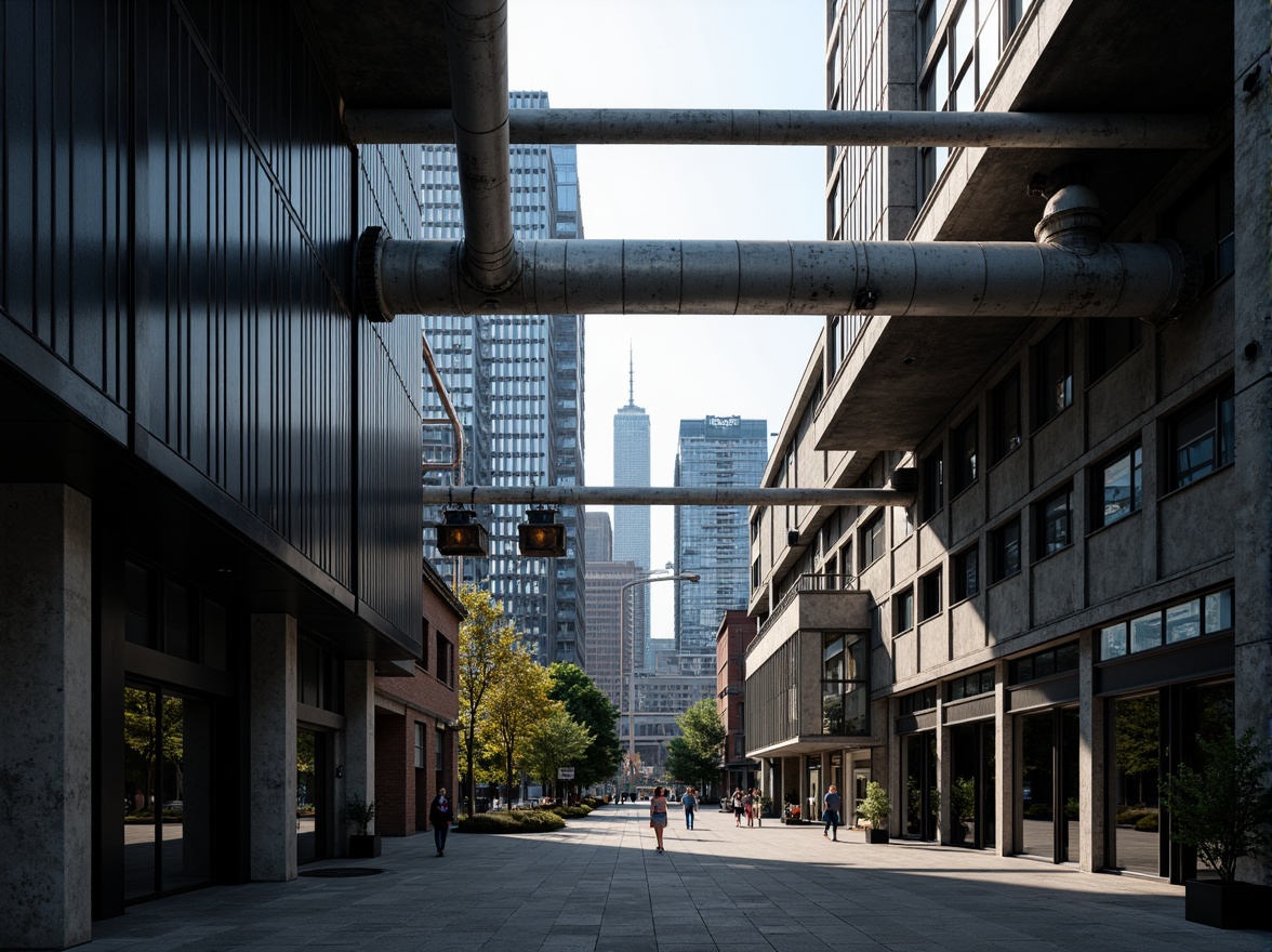 Prompt: Industrial backdrop, steel framework, rugged metal beams, exposed ductwork, mechanical pipes, urban cityscape, contemporary architecture, sleek glass facades, minimalist design, cantilevered roofs, angular lines, metallic textures, high-contrast lighting, dramatic shadows, 1/1 composition, shallow depth of field, realistic reflections.