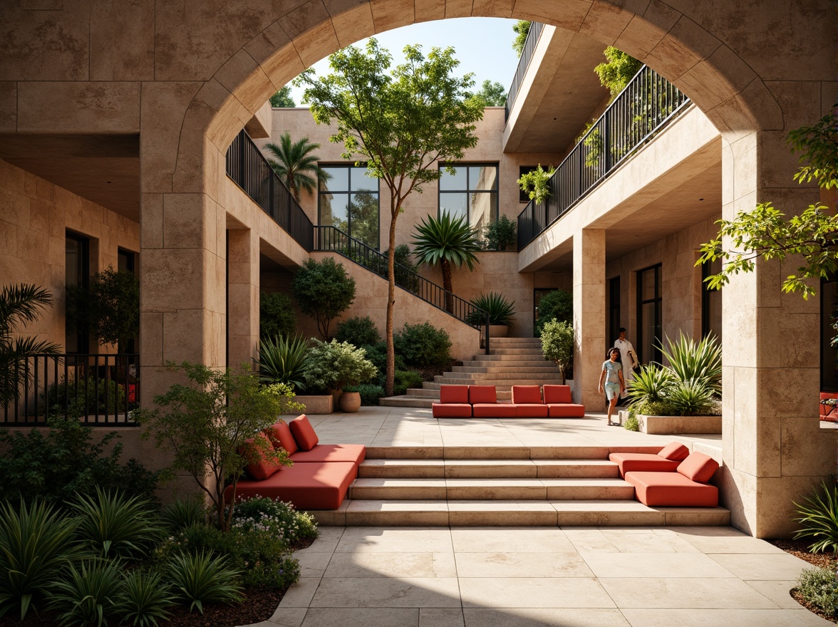 Prompt: Earthy tones, natural stone walls, terracotta red seating, vibrant greenery, lush foliage, warm beige accents, cool grey concrete, weathered wood textures, rustic metal railings, majestic arches, grand staircase, sun-kissed atmosphere, soft warm lighting, dramatic shadows, 3/4 composition, panoramic view, realistic textures, ambient occlusion.