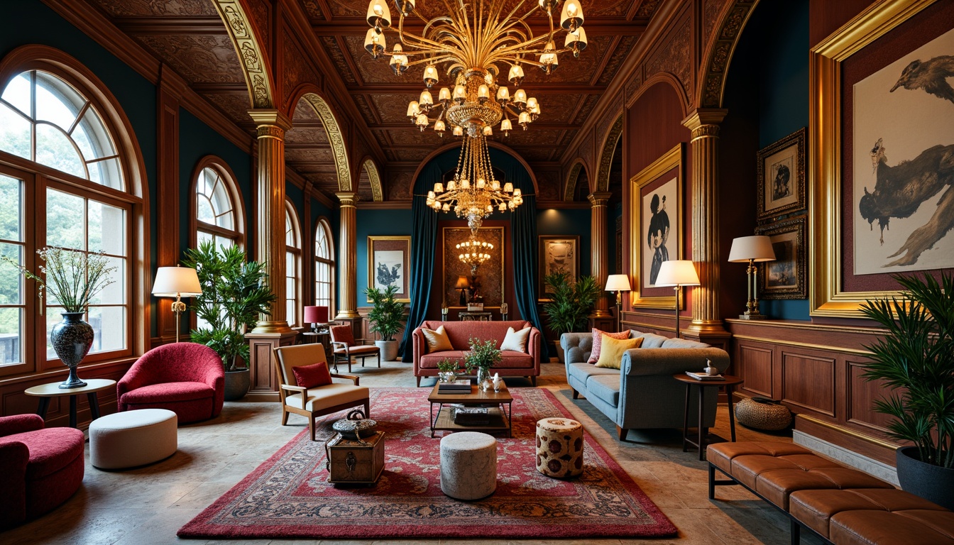 Prompt: Luxurious interior space, eclectic architectural style, ornate furnishings, rich velvet fabrics, gilded frames, intricately carved wooden panels, grand chandeliers, oversized mirrors, lavish textiles, bold color schemes, mix-and-match patterns, ornamental metalwork, curved lines, whimsical decor, abstract art pieces, statement lighting fixtures, dramatic drapery, opulent materials, avant-garde design elements, unique spatial arrangements, fragmented layout, dynamic visual flows, artistic expressions, maximalist aesthetic.