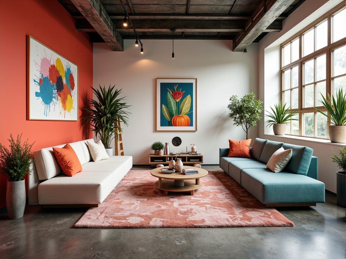 Prompt: Vibrant modern interior, sleek minimalist furniture, bold accent walls, pastel hues, soft neutrals, rich jewel tones, metallic finishes, industrial chic decor, urban loft atmosphere, natural light pouring in, airy open spaces, geometric patterns, abstract artwork, eclectic accessories, warm ambient glow, 1/1 composition, shallow depth of field, realistic textures.