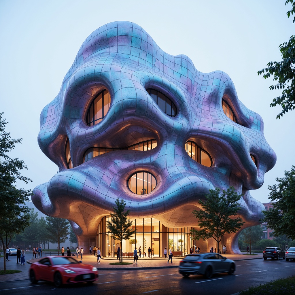 Prompt: Organic blob-shaped building, iridescent facade material, shimmering colors, parametric architecture, futuristic design, curved lines, bulbous structures, avant-garde aesthetic, experimental forms, 3D modeling software, computational design tools, algorithmic patterns, fractal geometry, soft glowing lighting, misty atmosphere, shallow depth of field, 1/1 composition, cinematic view, realistic reflections, ambient occlusion.