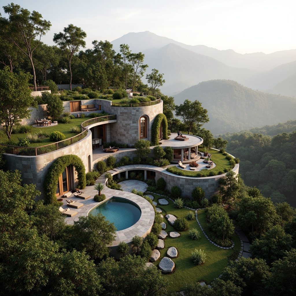 Prompt: Seamless landscape integration, lush green roofs, living walls, natural stone fa\u00e7ades, curved lines, organic architecture, blurred boundaries, scenic views, mountainous backdrop, serene atmosphere, misty mornings, warm sunlight, soft shadows, 1/1 composition, symmetrical balance, realistic textures, ambient occlusion, minimalist decor, earthy tones, reclaimed wood accents, floor-to-ceiling windows, sliding glass doors, outdoor living spaces, infinity pools, surrounding forests, meandering pathways.